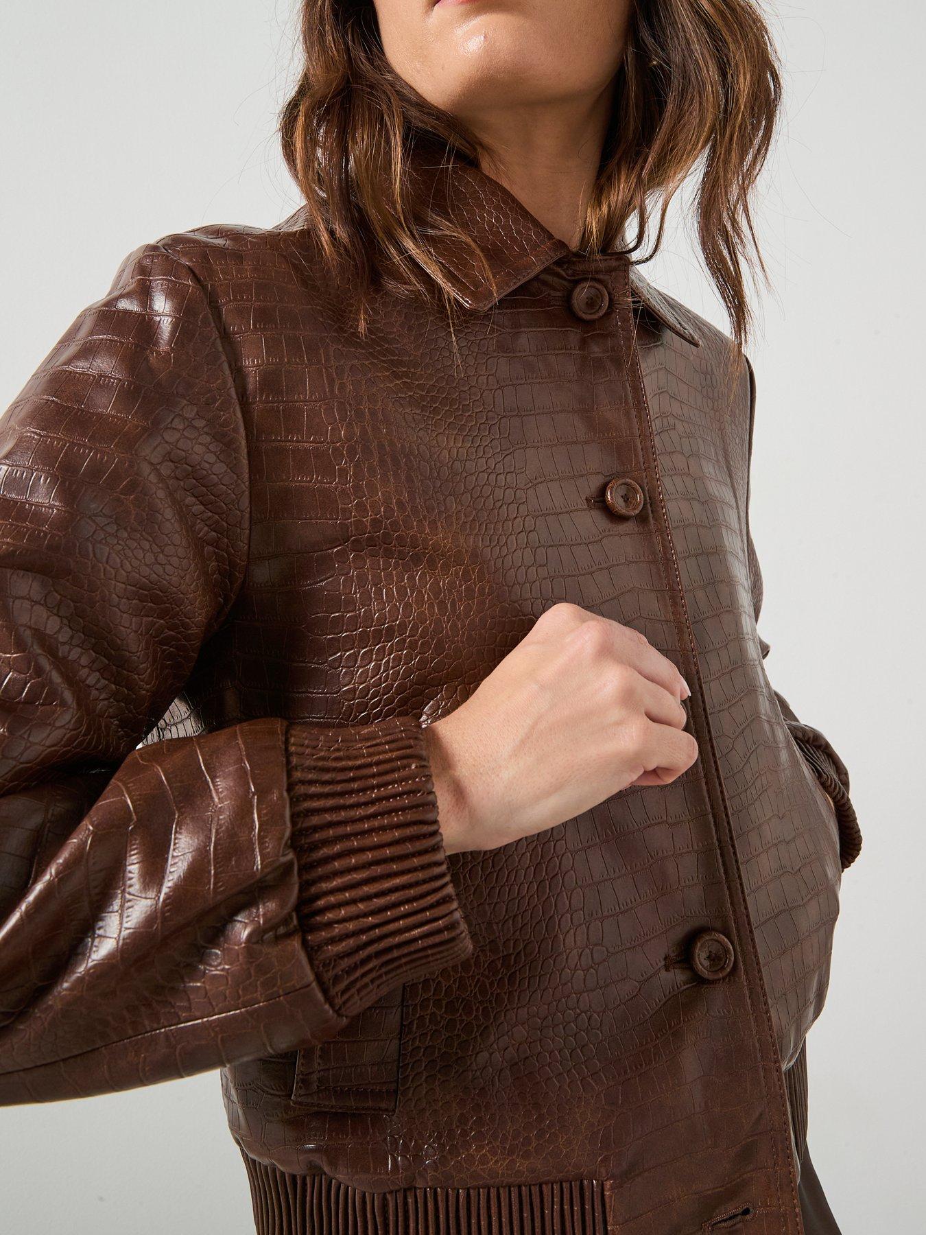 Image 6 of 6 of Mango Croc Effect Bomber Jacket - Brown
