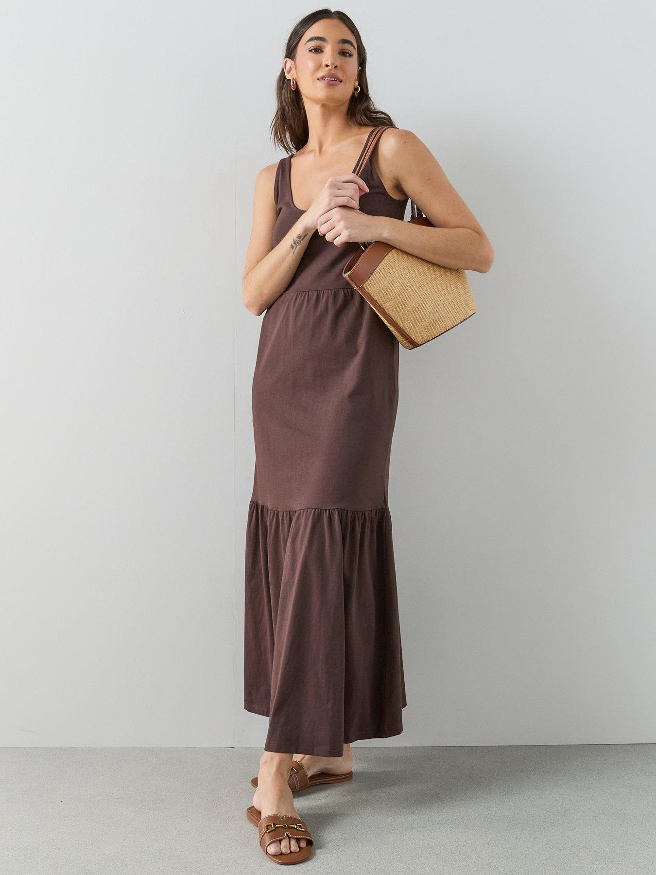 The Very Collection Tiered Cotton Midaxi Dress - Brown