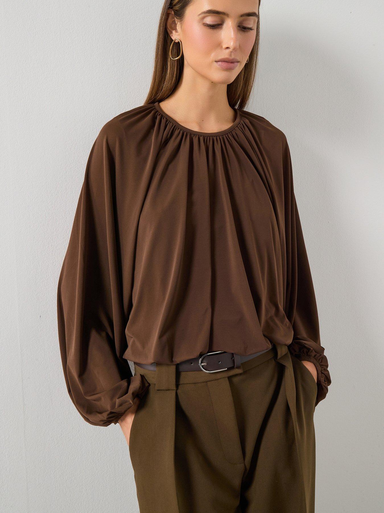 mango-fine-knit-ruched-blouse-nbspbrownfront