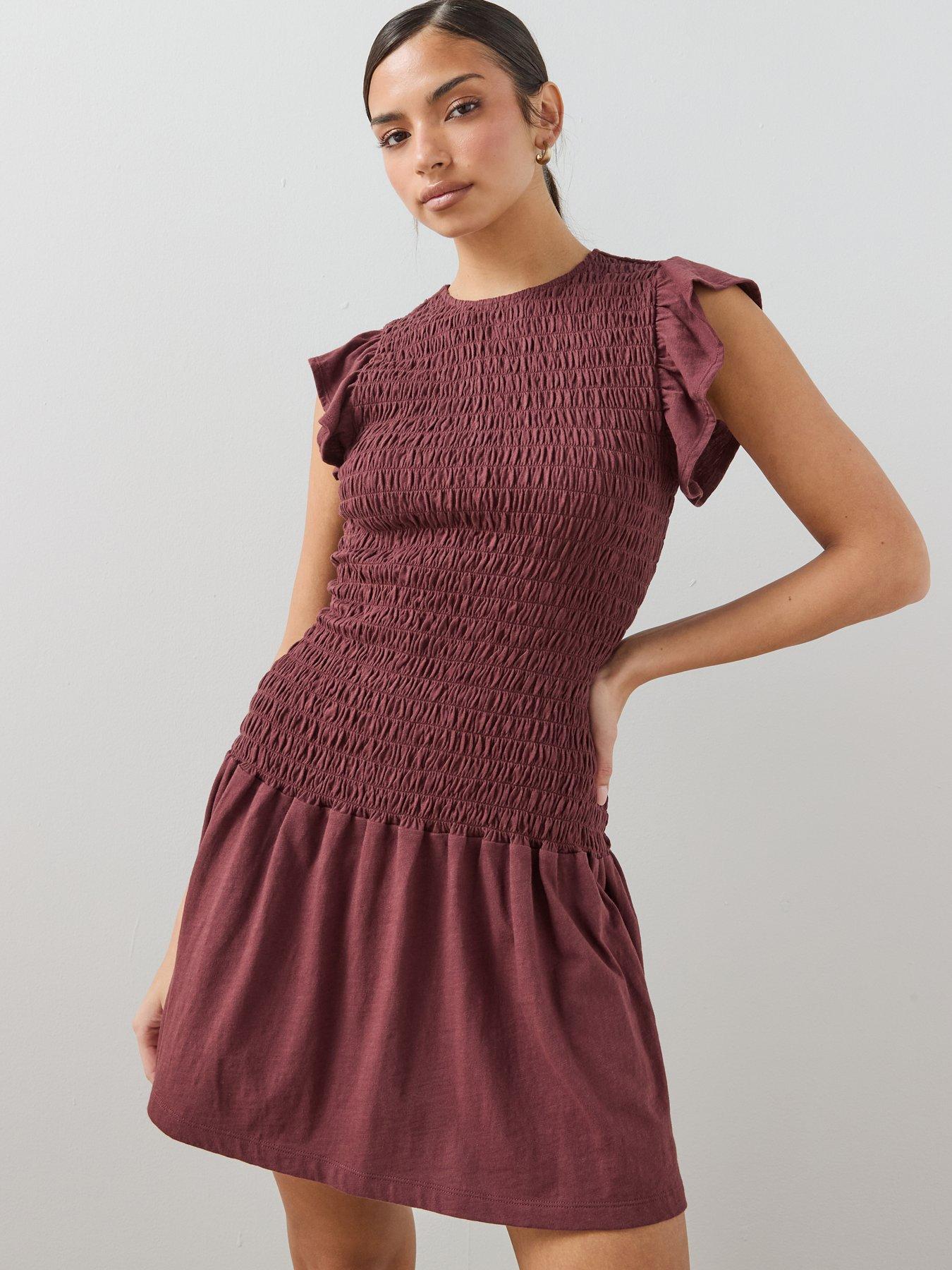 The Very Collection Short Sleeve Frill Shirred Mini Dress - Brown
