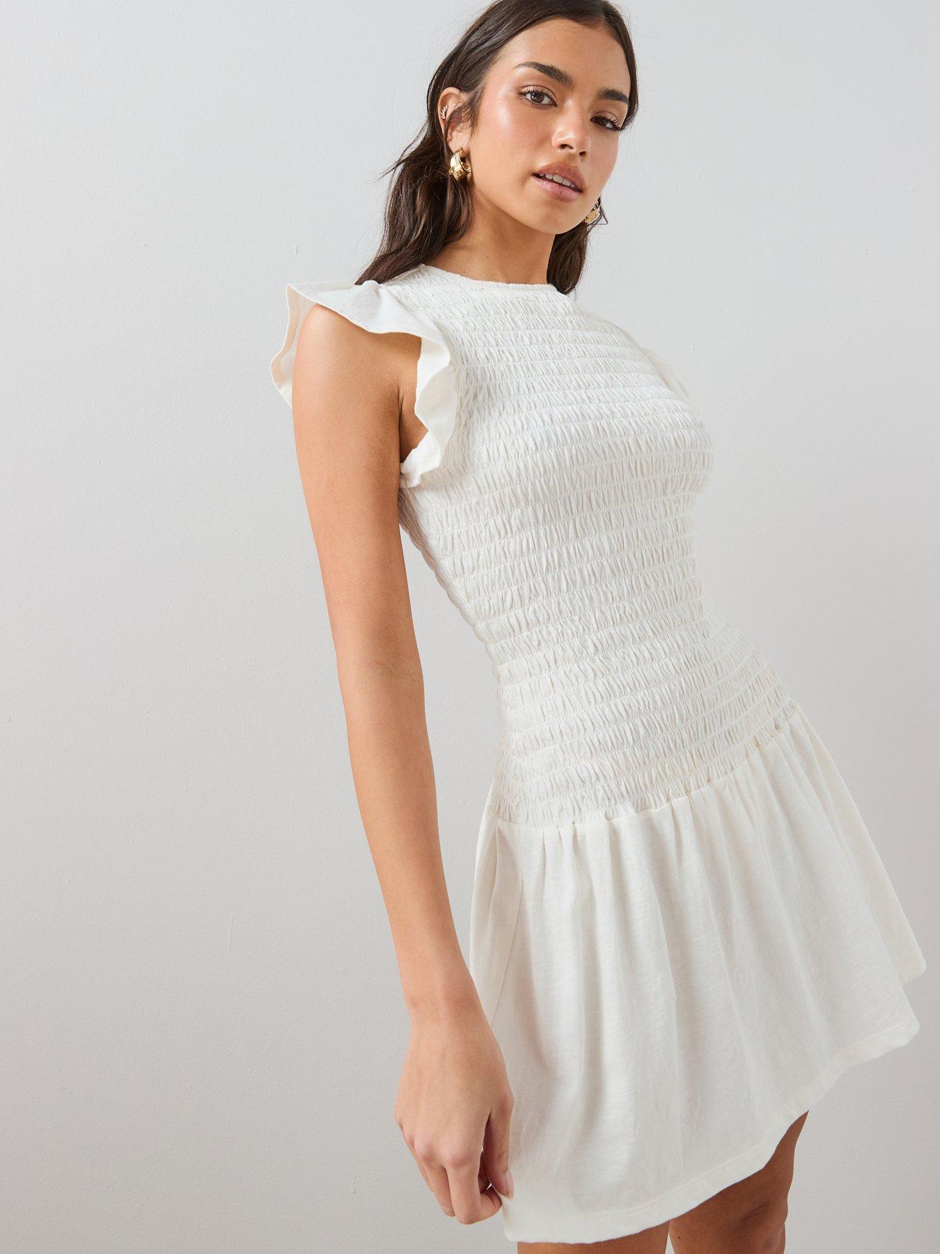 The Very Collection Short Sleeve Frill Shirred Mini Dress - Cream
