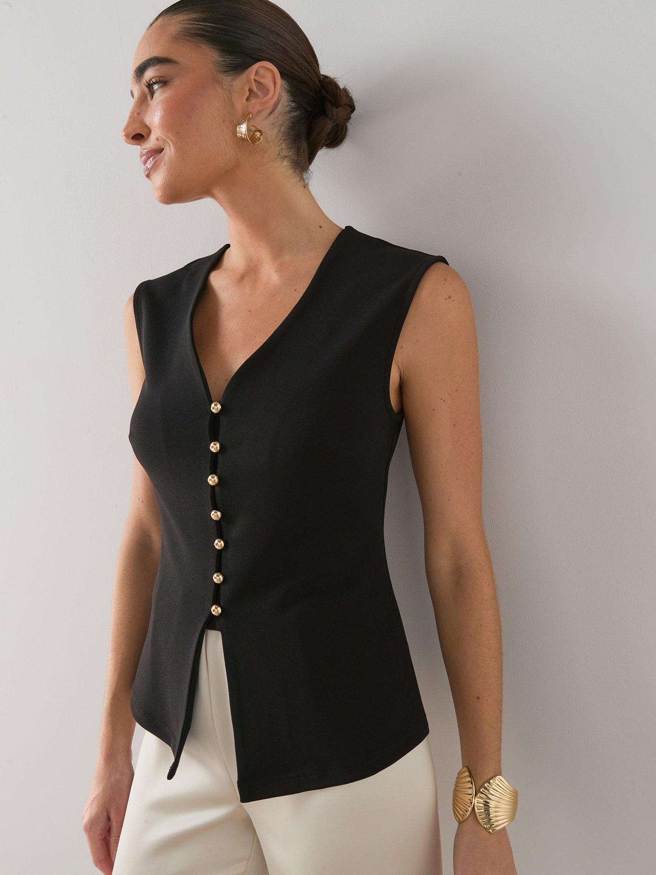 Image 1 of 7 of The Very Collection Button Through Sleeveless Top - Black