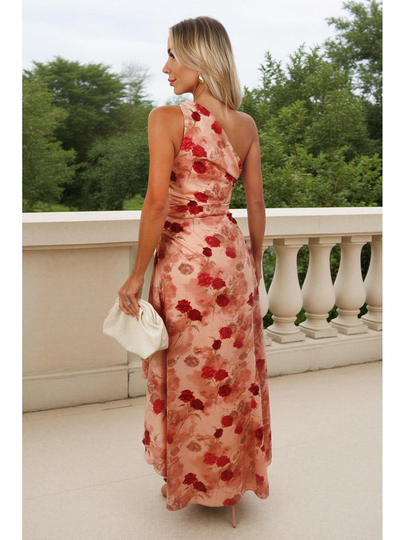 Image 2 of 4 of AX Paris Print One Shoulder Dipped Hem Midi Dress - Blush Rose