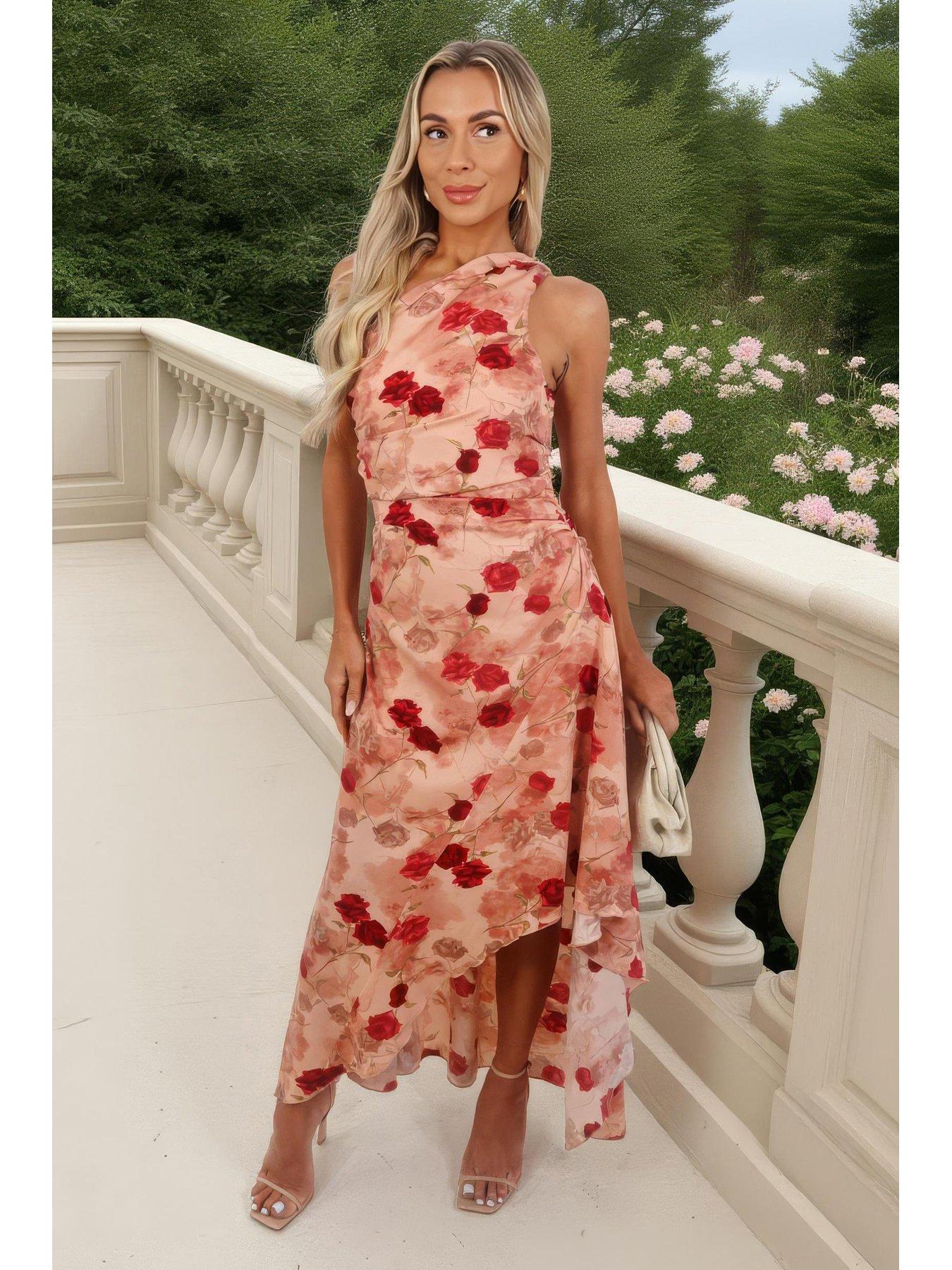 Image 3 of 4 of AX Paris Print One Shoulder Dipped Hem Midi Dress - Blush Rose