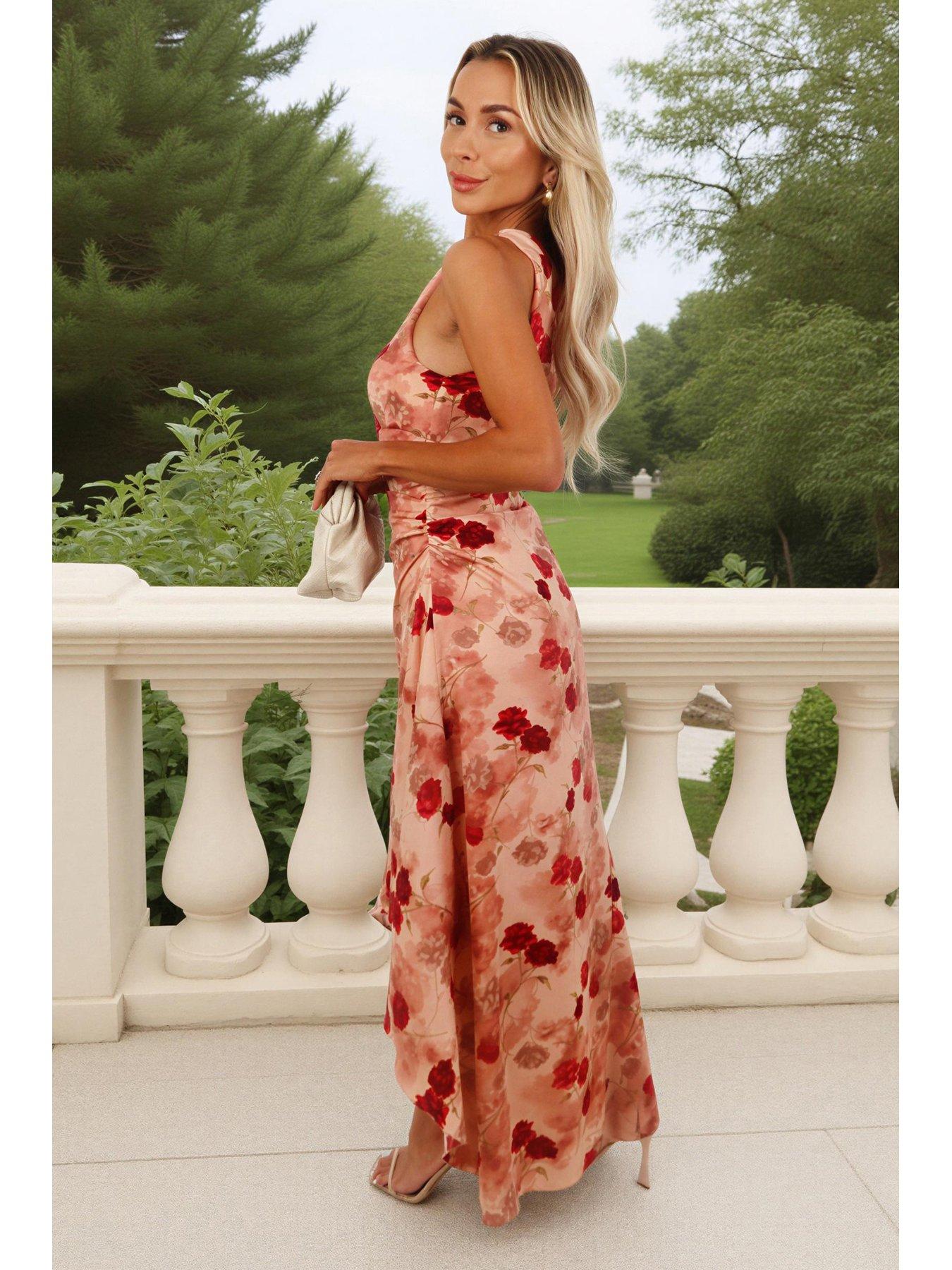 Image 4 of 4 of AX Paris Print One Shoulder Dipped Hem Midi Dress - Blush Rose