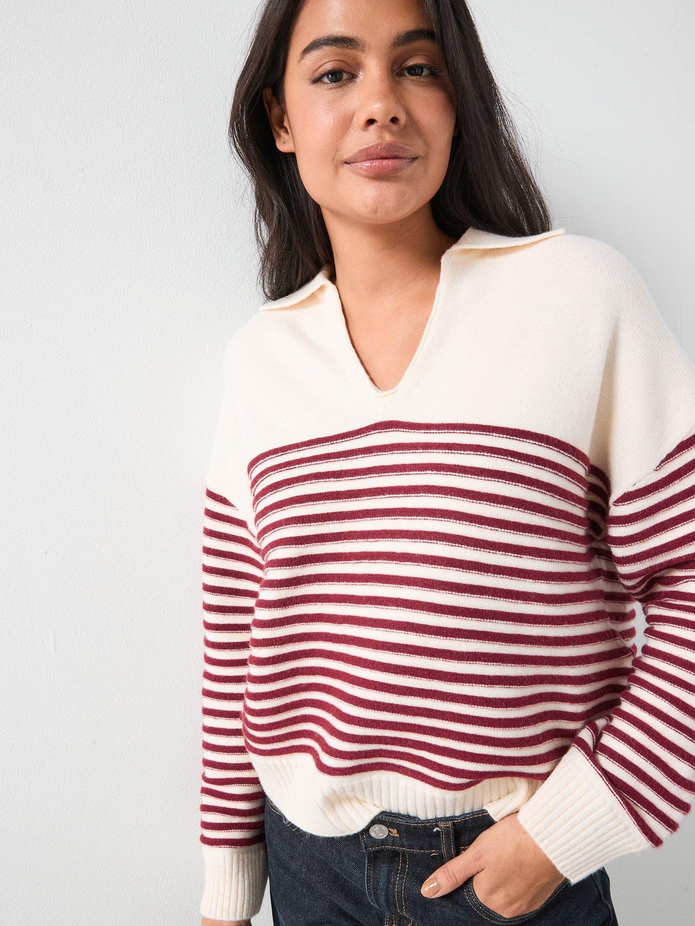 Mango Striped Polo-Neck Sweater - Beige