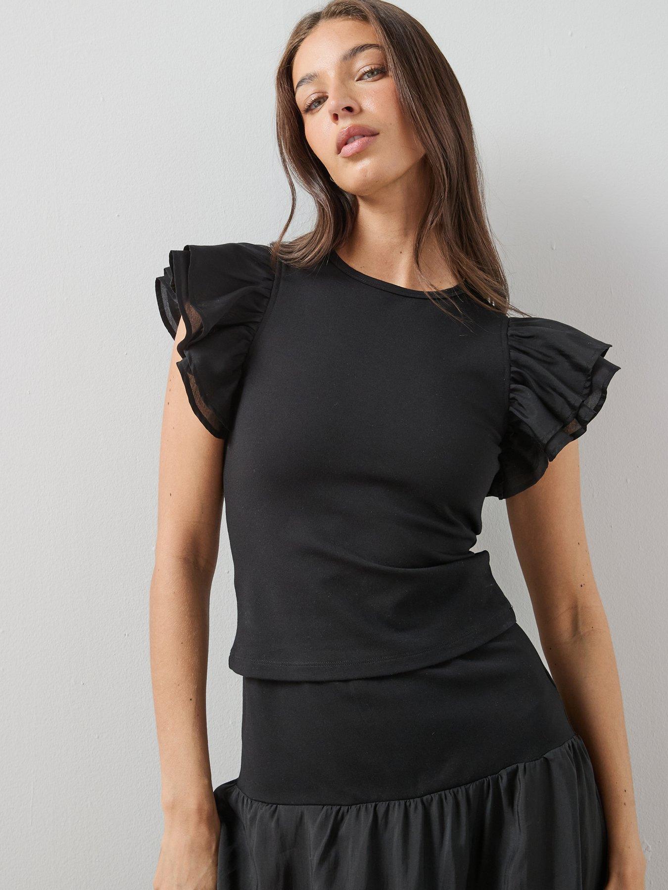 The Very Collection Short Sleeve Frill Tee Co-Ord - Black