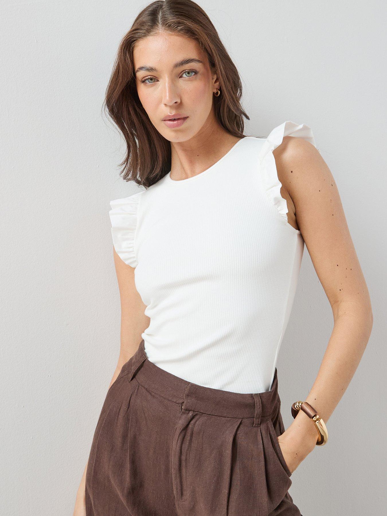 The Very Collection Frill Sleeveless Rib Top - White