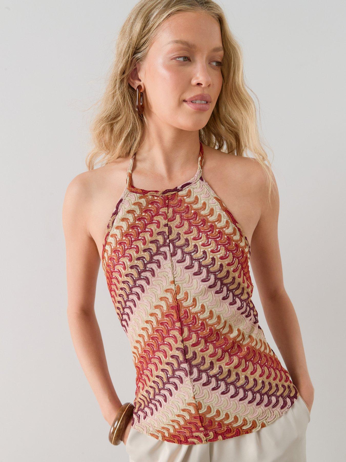 The Very Collection Crochet Zig Zag Halterneck Peplum Top - Multi