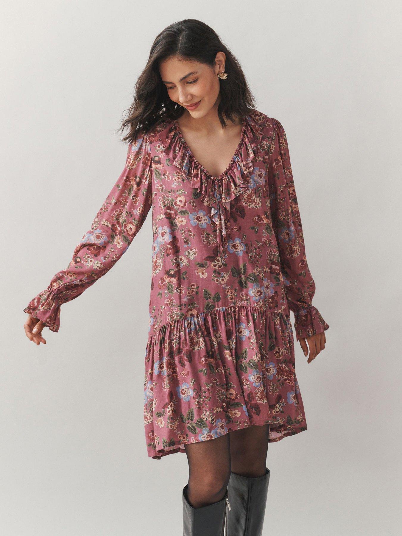 Image 1 of 4 of Laura Ashley Pleat Front Ruffle Sleeve Mini Dress - Pink