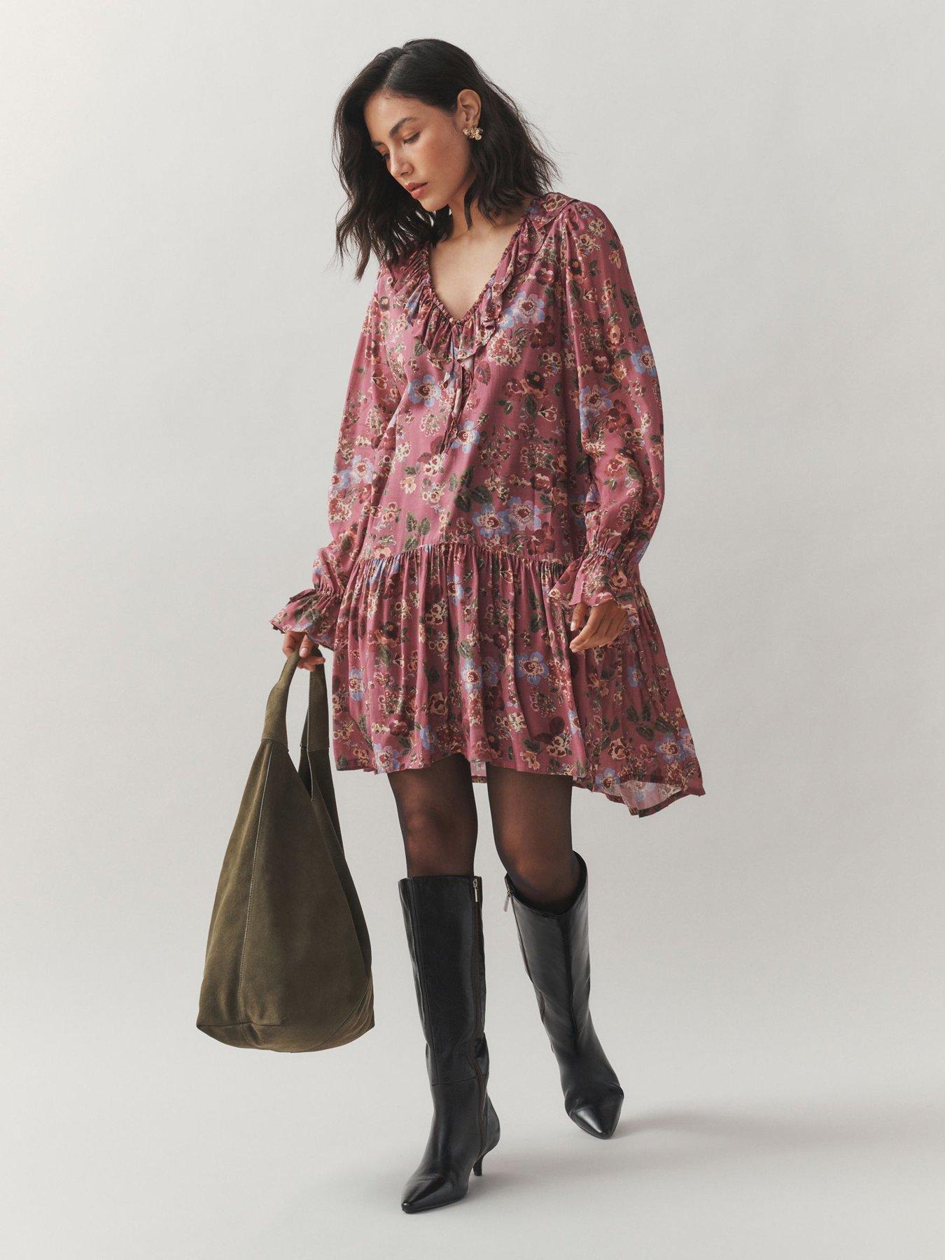 Image 3 of 4 of Laura Ashley Pleat Front Ruffle Sleeve Mini Dress - Pink
