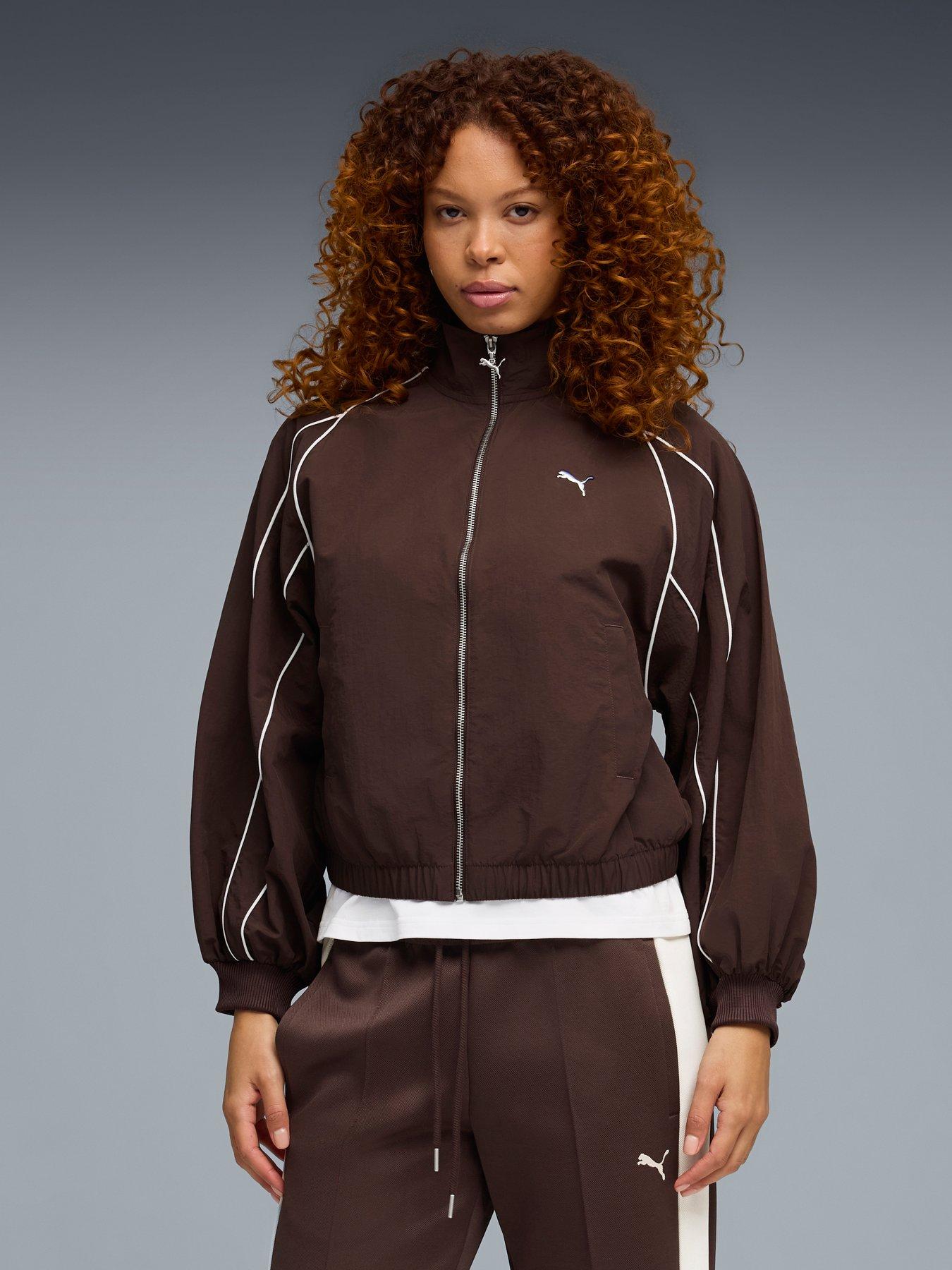 Puma Womens T7 Balloon Sleeve Piping Relaxed Woven Track Jacket - Brown