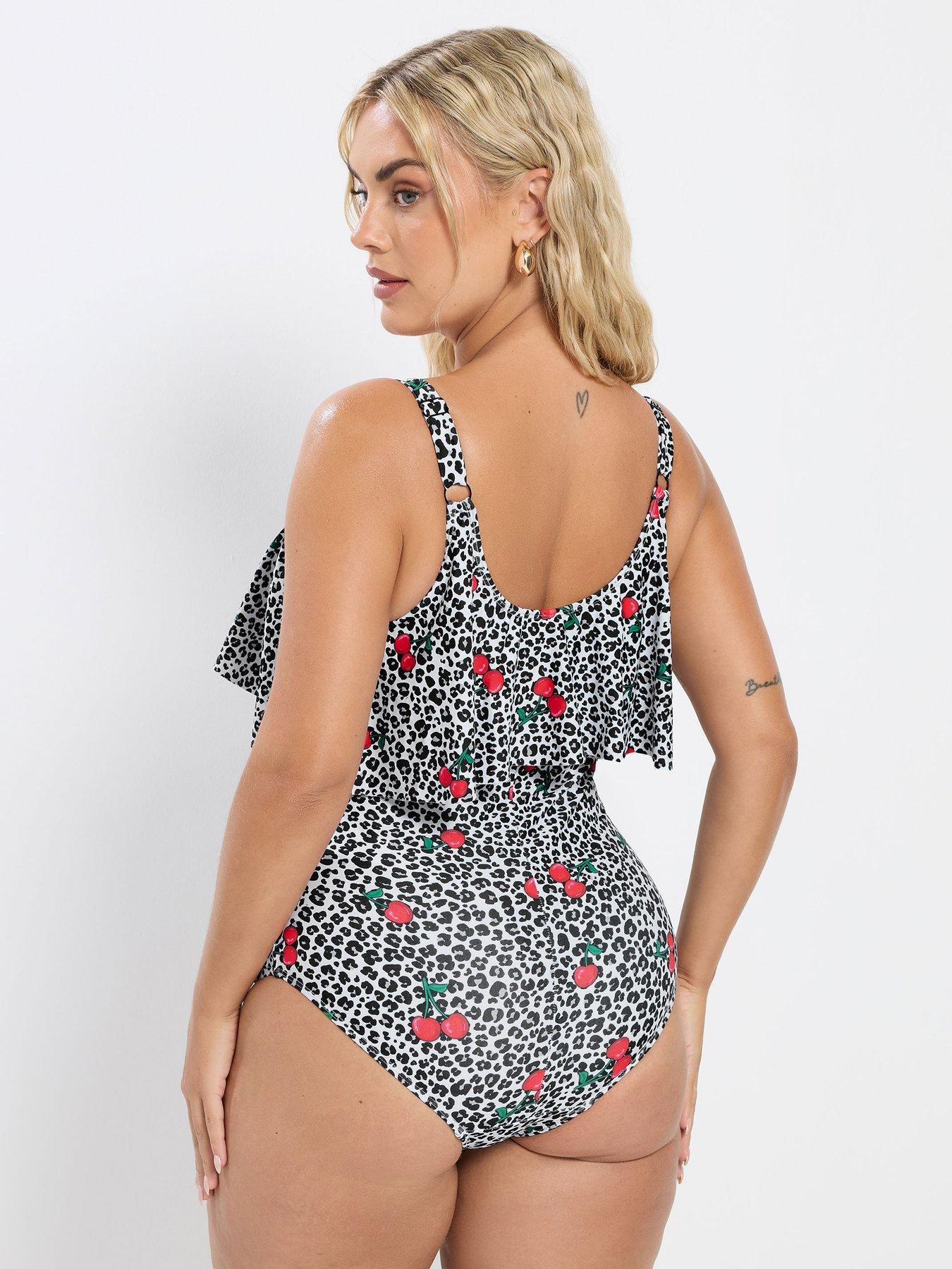 Image 2 of 6 of Yours Curve Cherry Leopard Frill Swimsuit