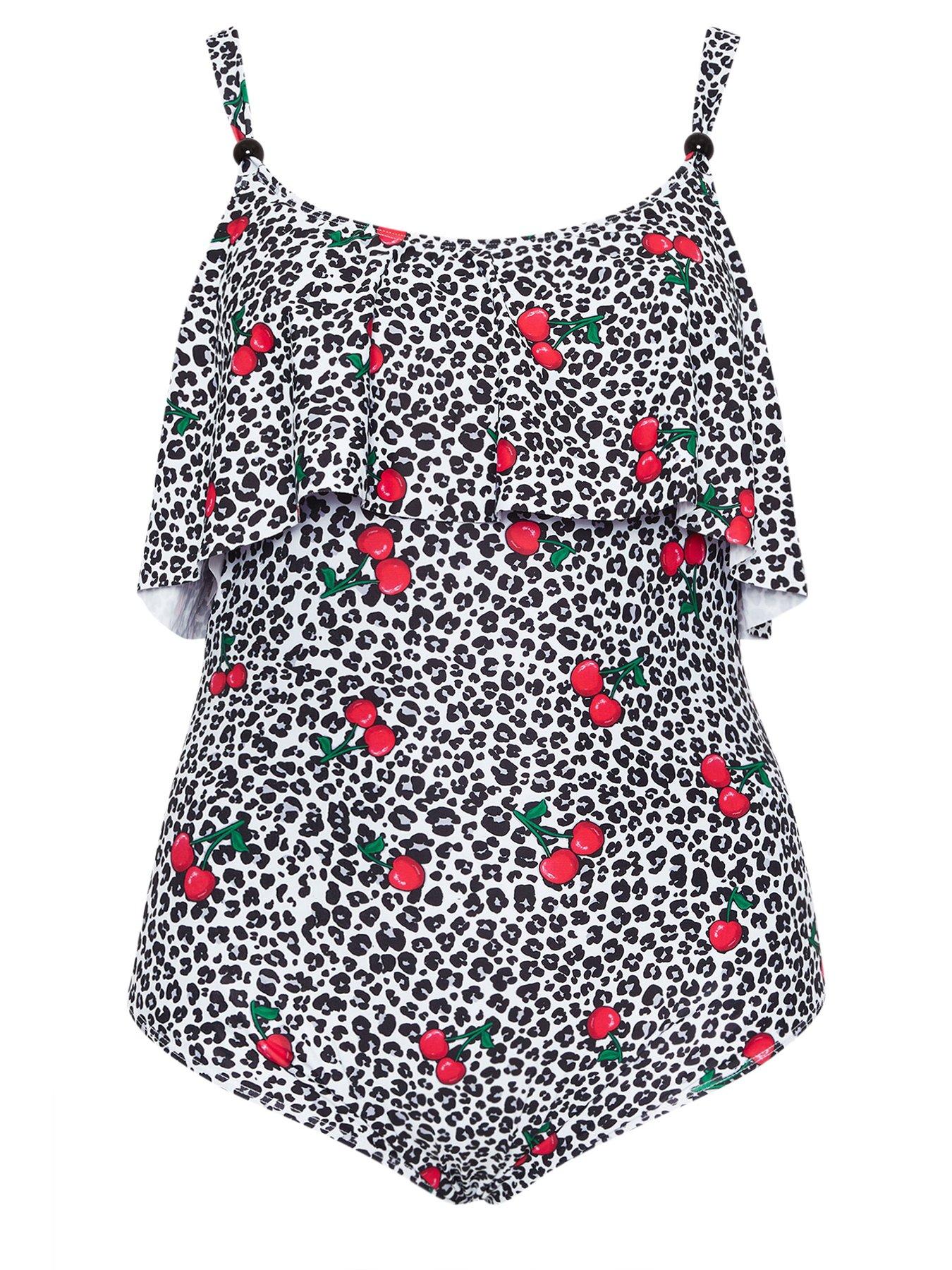 Image 6 of 6 of Yours Curve Cherry Leopard Frill Swimsuit