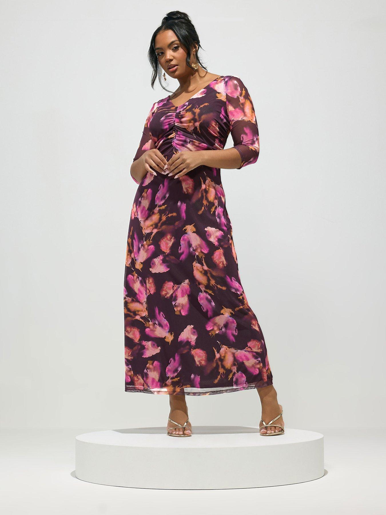 yours-curve-abstract-gathered-v-neck-mesh-dress