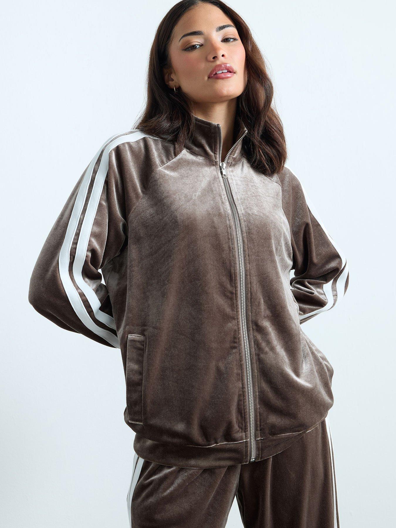 Image 1 of 4 of PixieGirl Petite Velour Stripe Jacket - Brown