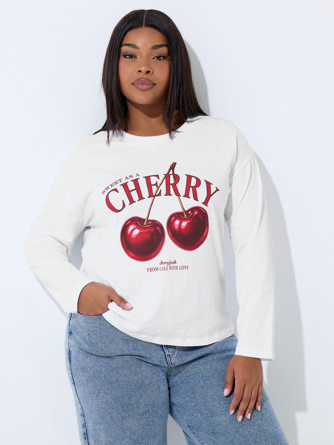 Yours Curve Cherry Long Sleeve Boxy T-Shirt - White
