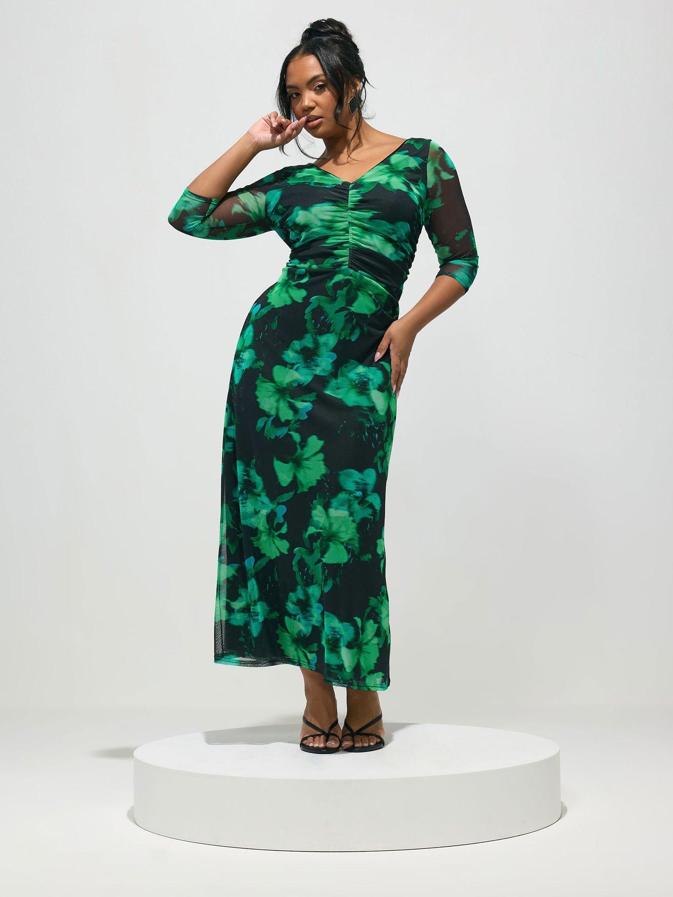 yours-curve-abstract-gathered-v-neck-mesh-dress-black