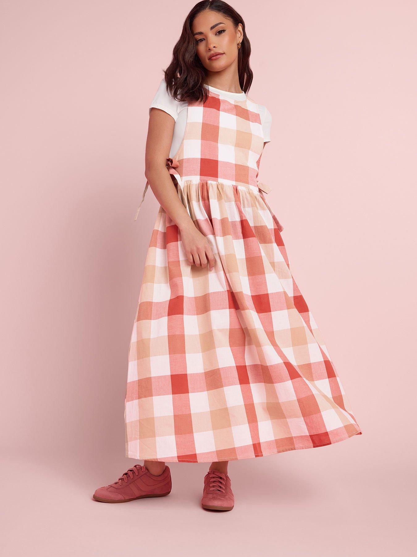 PixieGirl Petite Check Side Tie Midi Dress - Pink