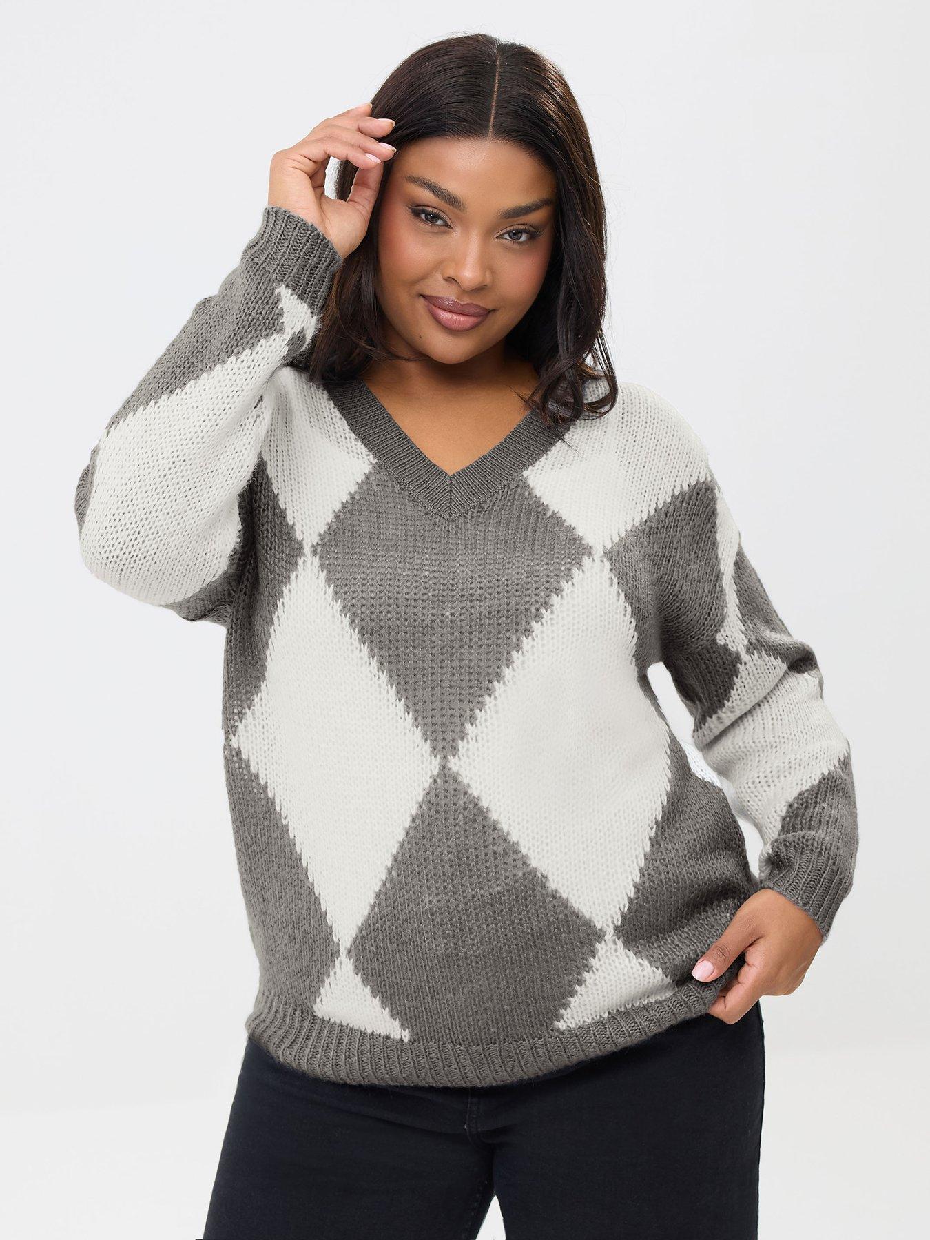 Image 1 of 5 of Yours Curve Lofty Yarn Diamond Stitch Jumper - Grey