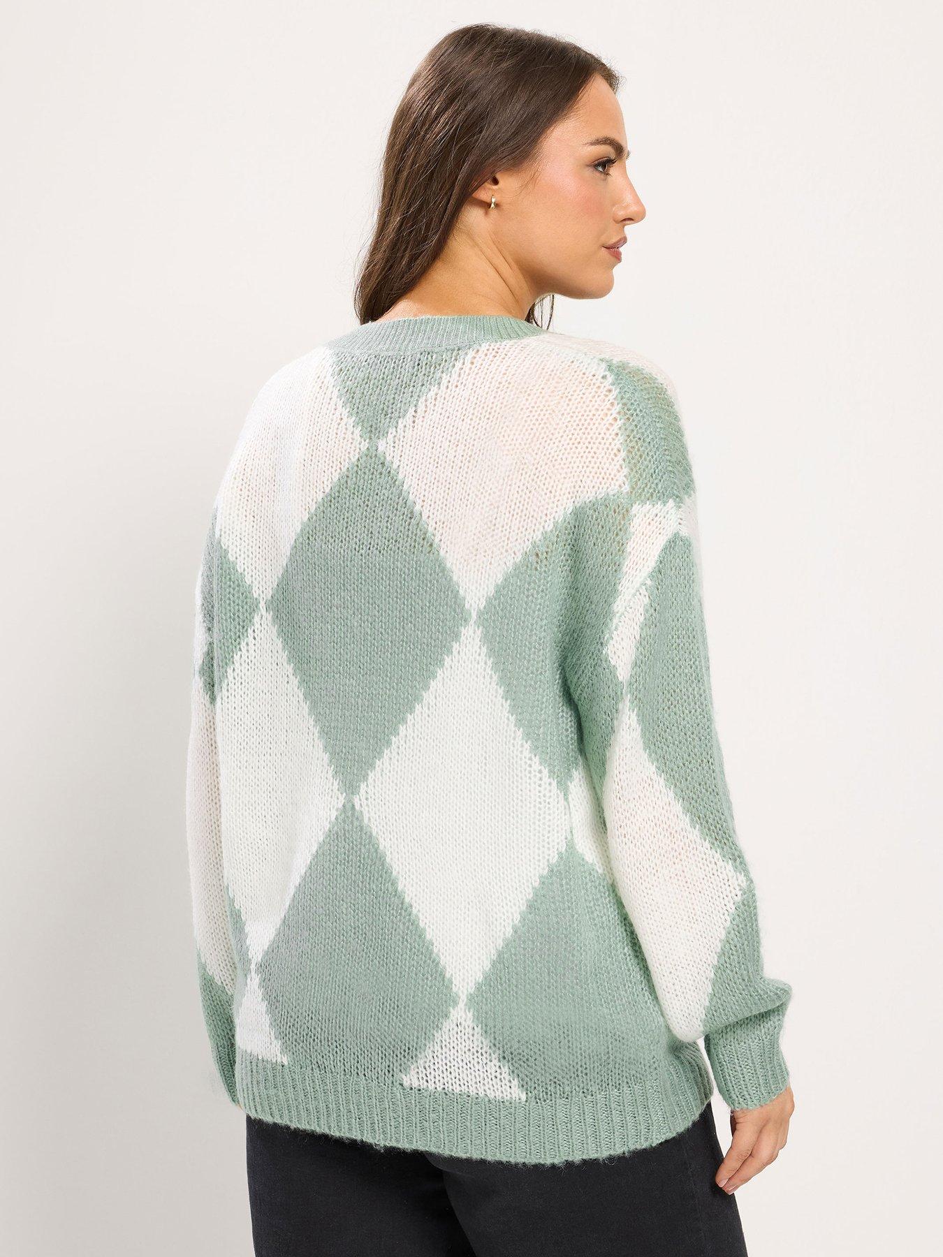 Image 2 of 5 of Yours Curve Lofty Yarn Diamond Stitch Jumper - Cream/Green