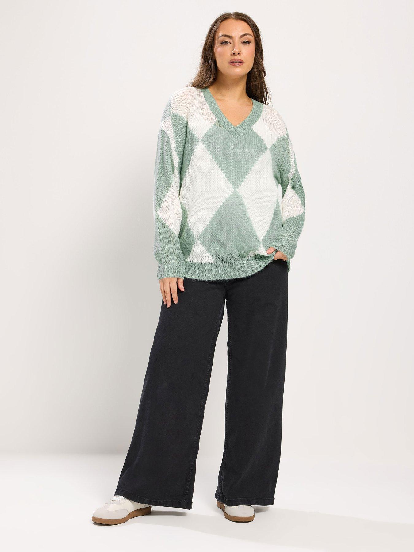 Image 3 of 5 of Yours Curve Lofty Yarn Diamond Stitch Jumper - Cream/Green