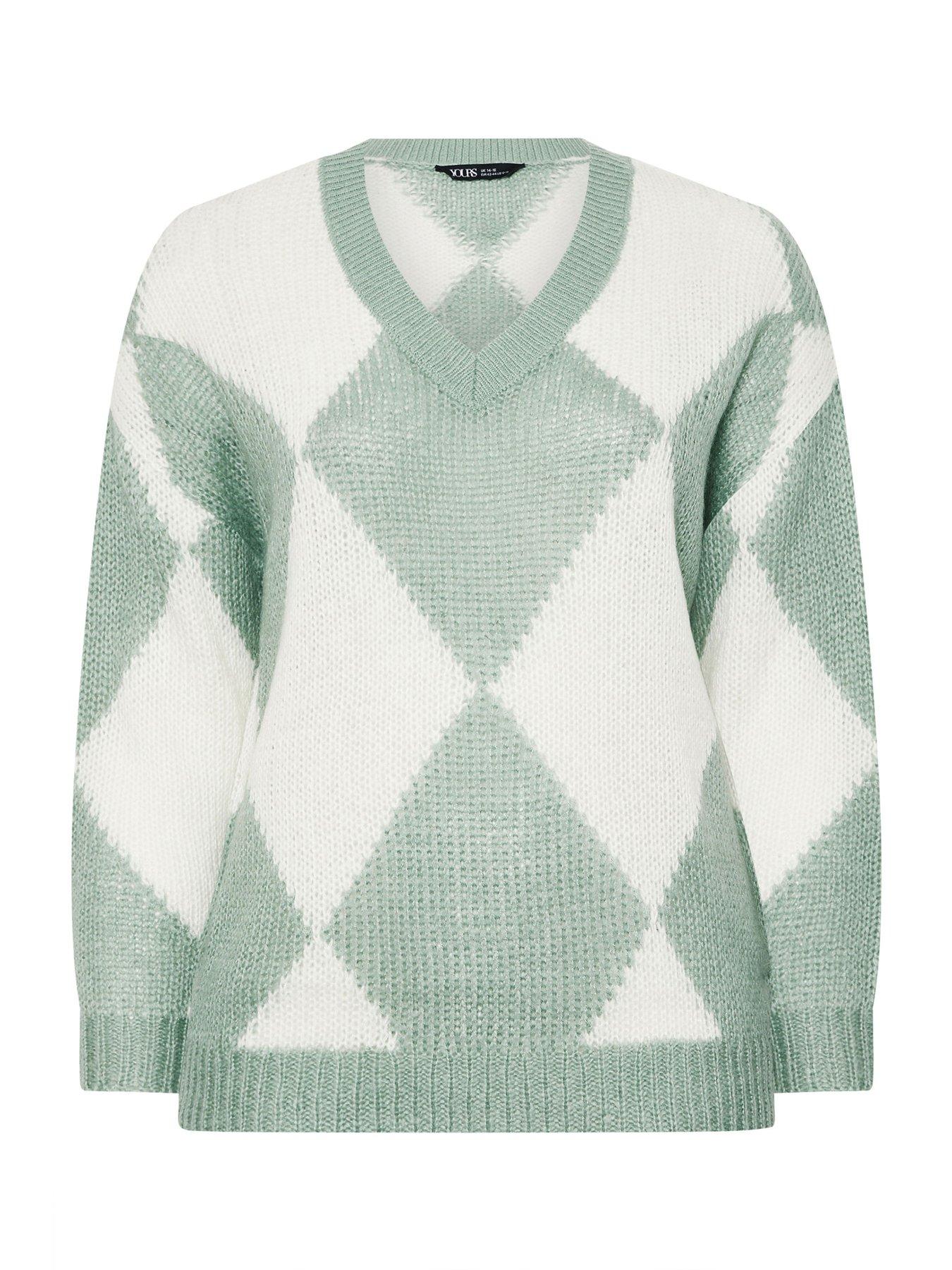 Image 5 of 5 of Yours Curve Lofty Yarn Diamond Stitch Jumper - Cream/Green