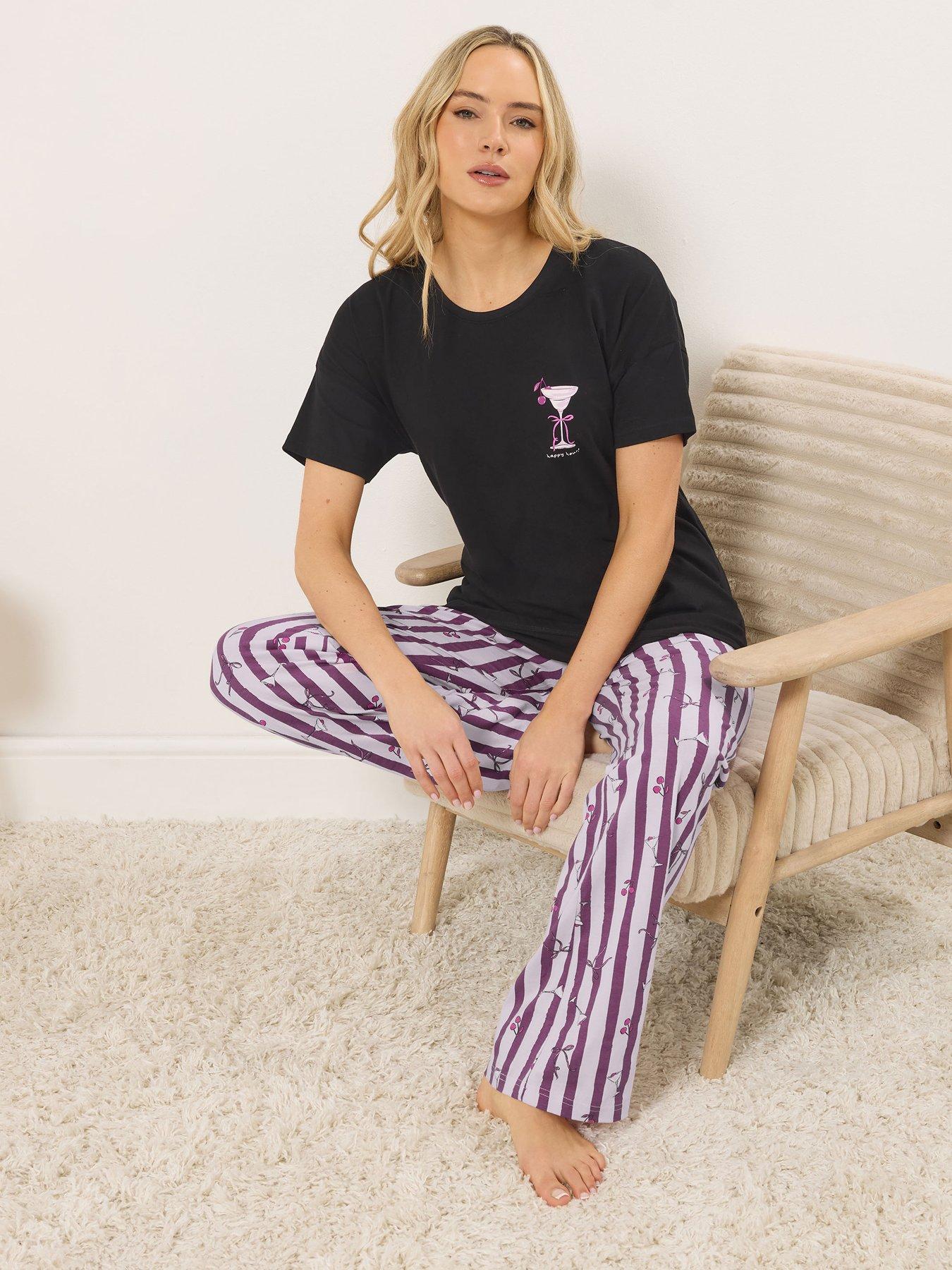 Image 1 of 5 of Long Tall Sally Cocktail Stripe Short Sleeve Wide Leg Pyjama Set - Black