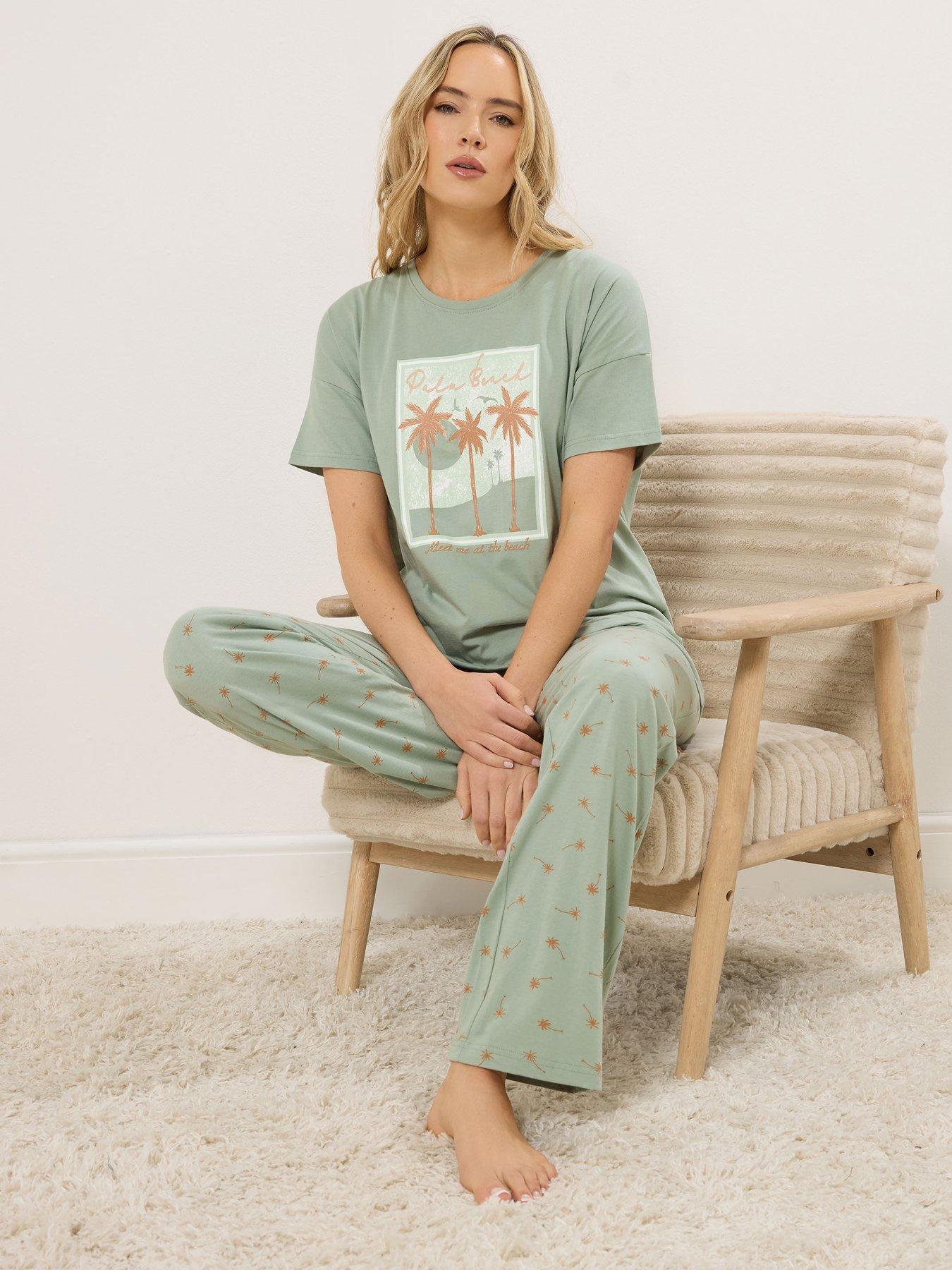 Long Tall Sally Palm Beach Short Sleeve Wide Leg Pyjama Set - Green