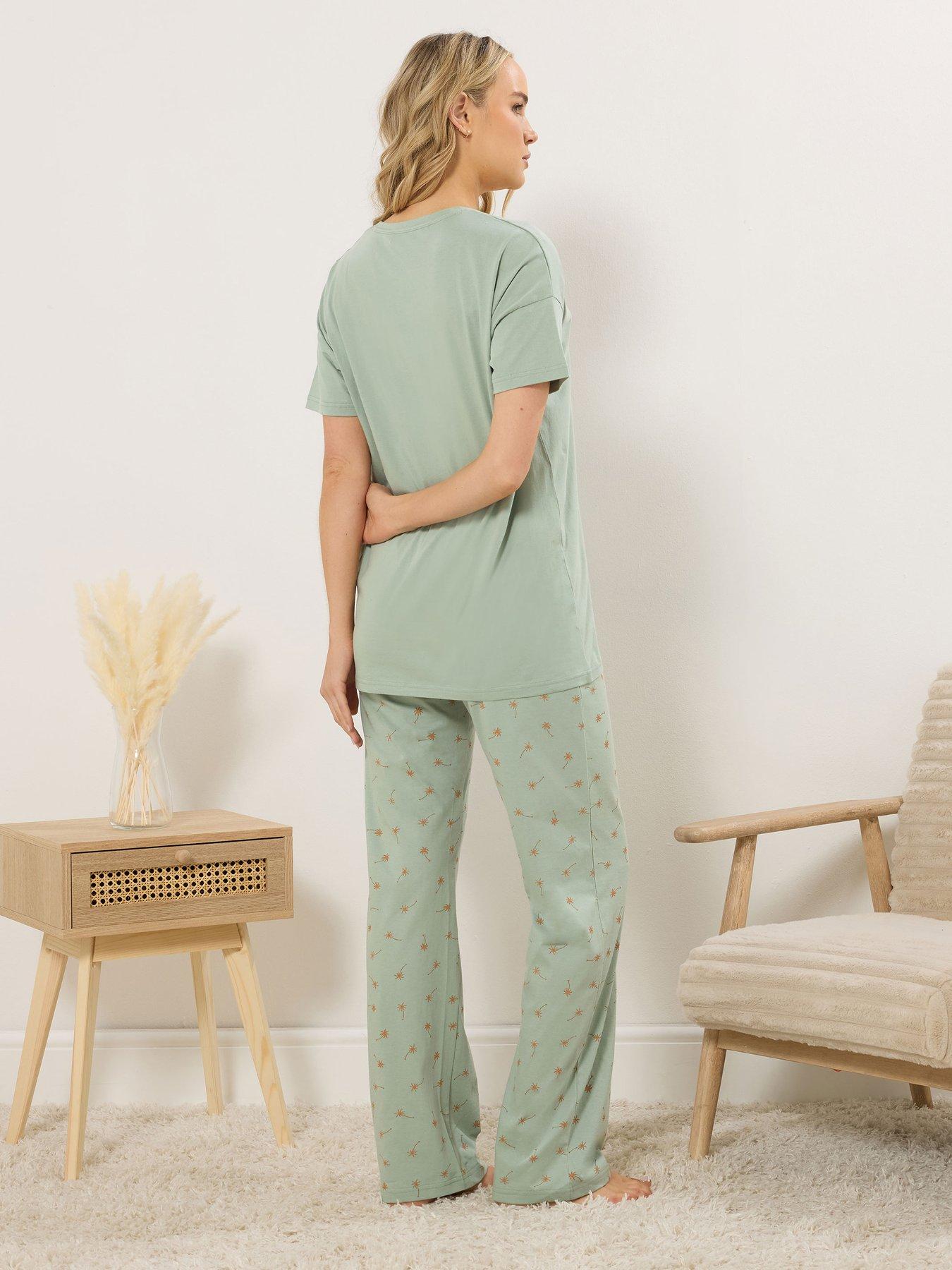 Image 2 of 5 of Long Tall Sally Palm Beach Short Sleeve Wide Leg Pyjama Set - Green