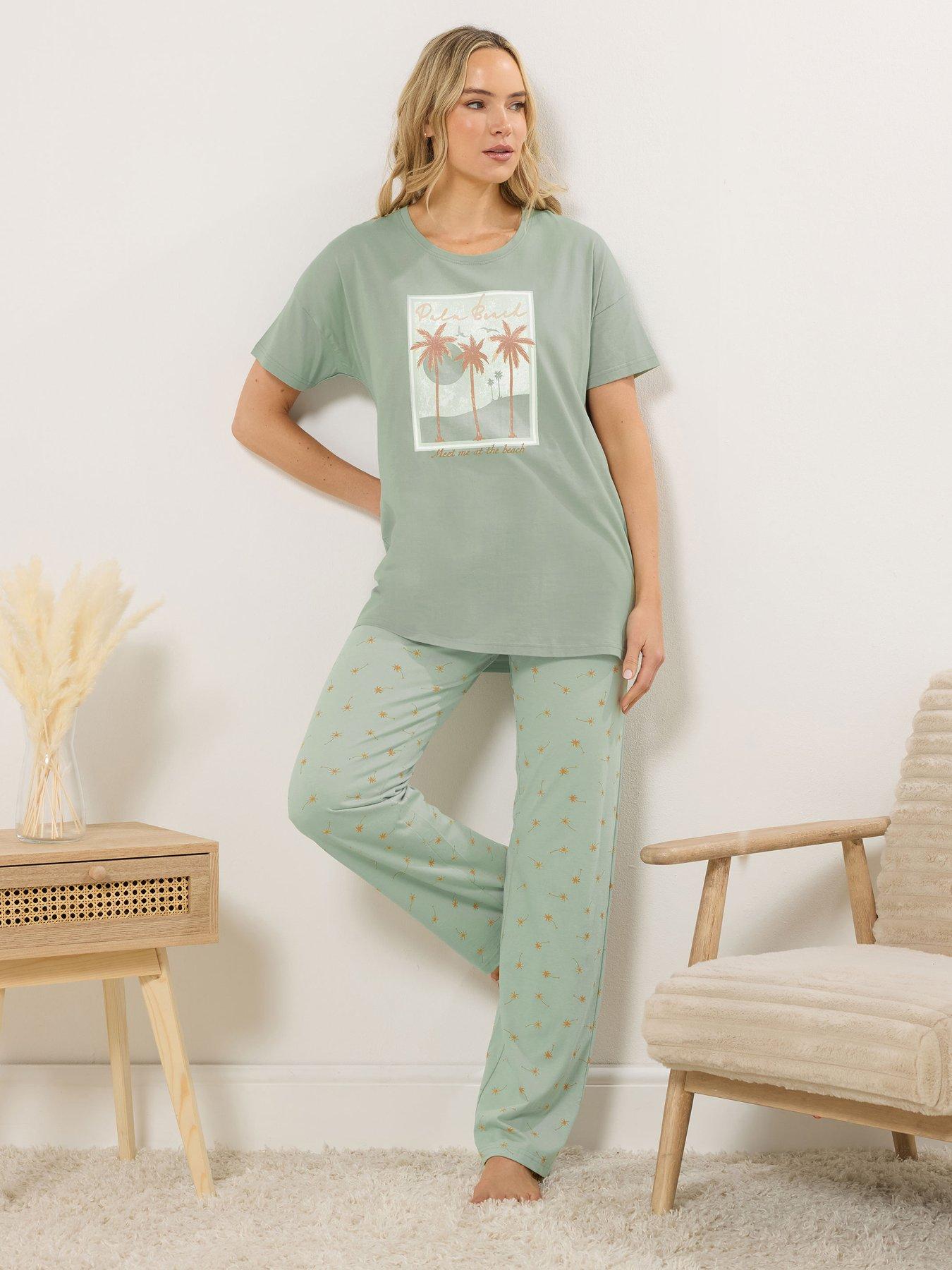 Image 3 of 5 of Long Tall Sally Palm Beach Short Sleeve Wide Leg Pyjama Set - Green