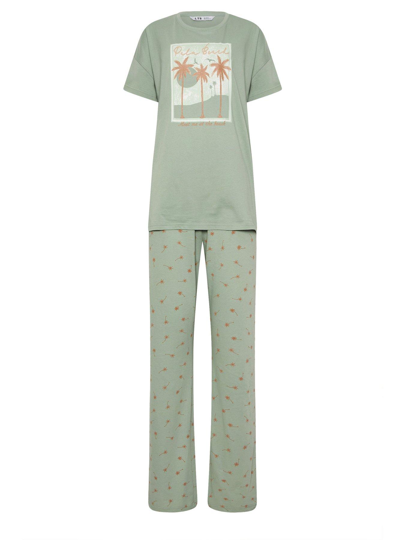 Image 5 of 5 of Long Tall Sally Palm Beach Short Sleeve Wide Leg Pyjama Set - Green