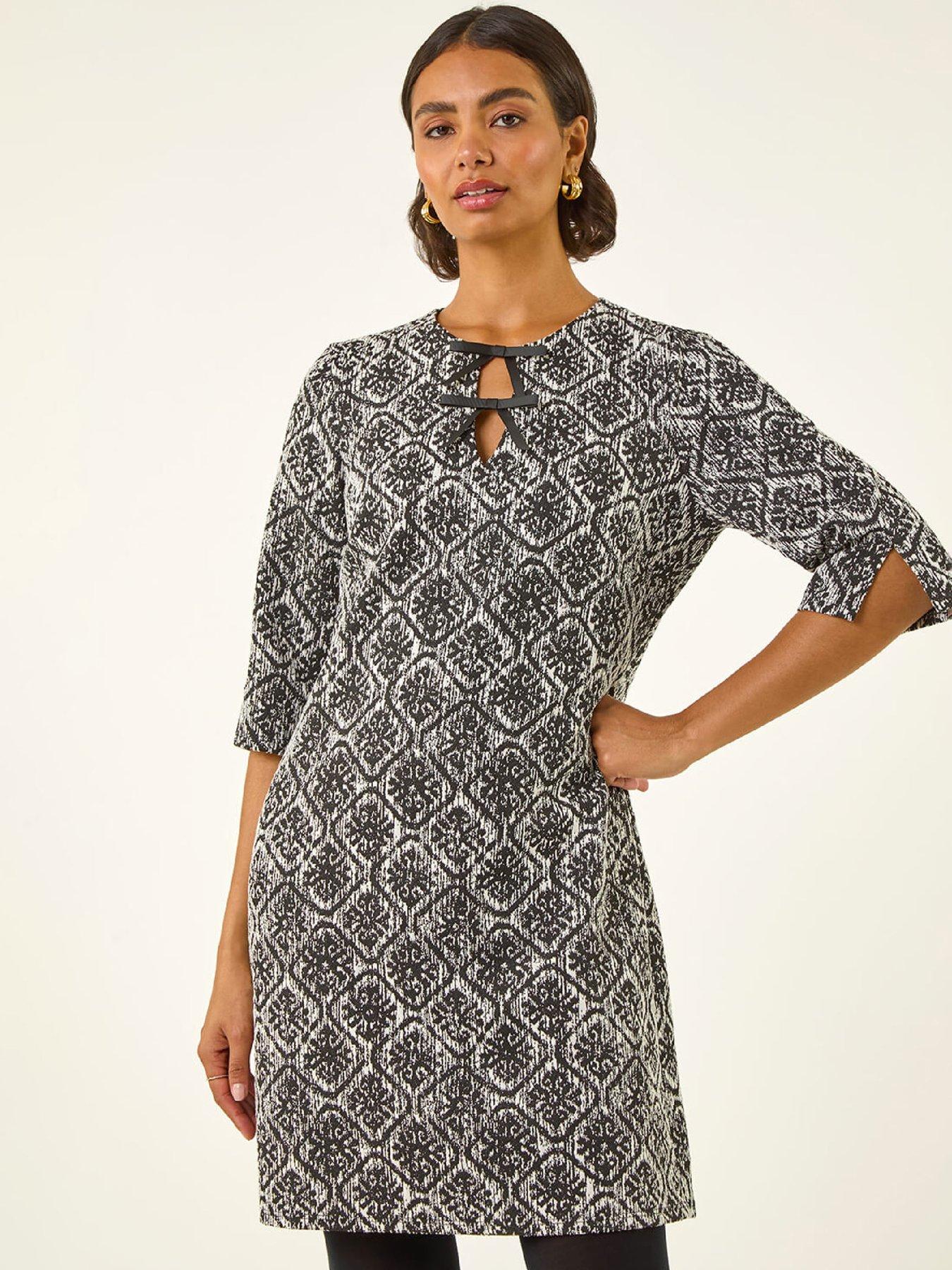 Roman Tile Print Tie Keyhole Stretch Dress - Black