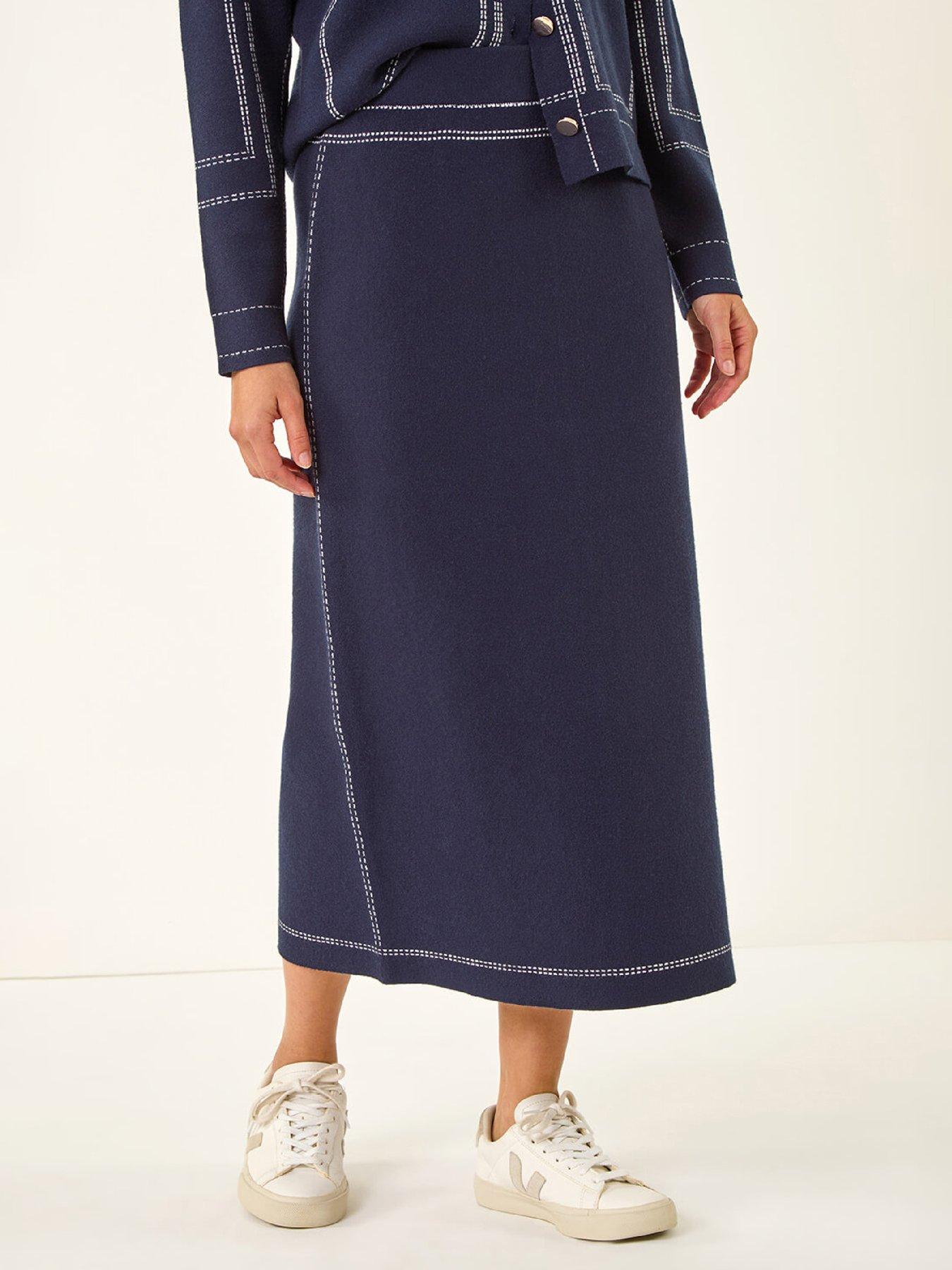 Roman Dusk Contrast Stitch Buttoned Skirt - Navy