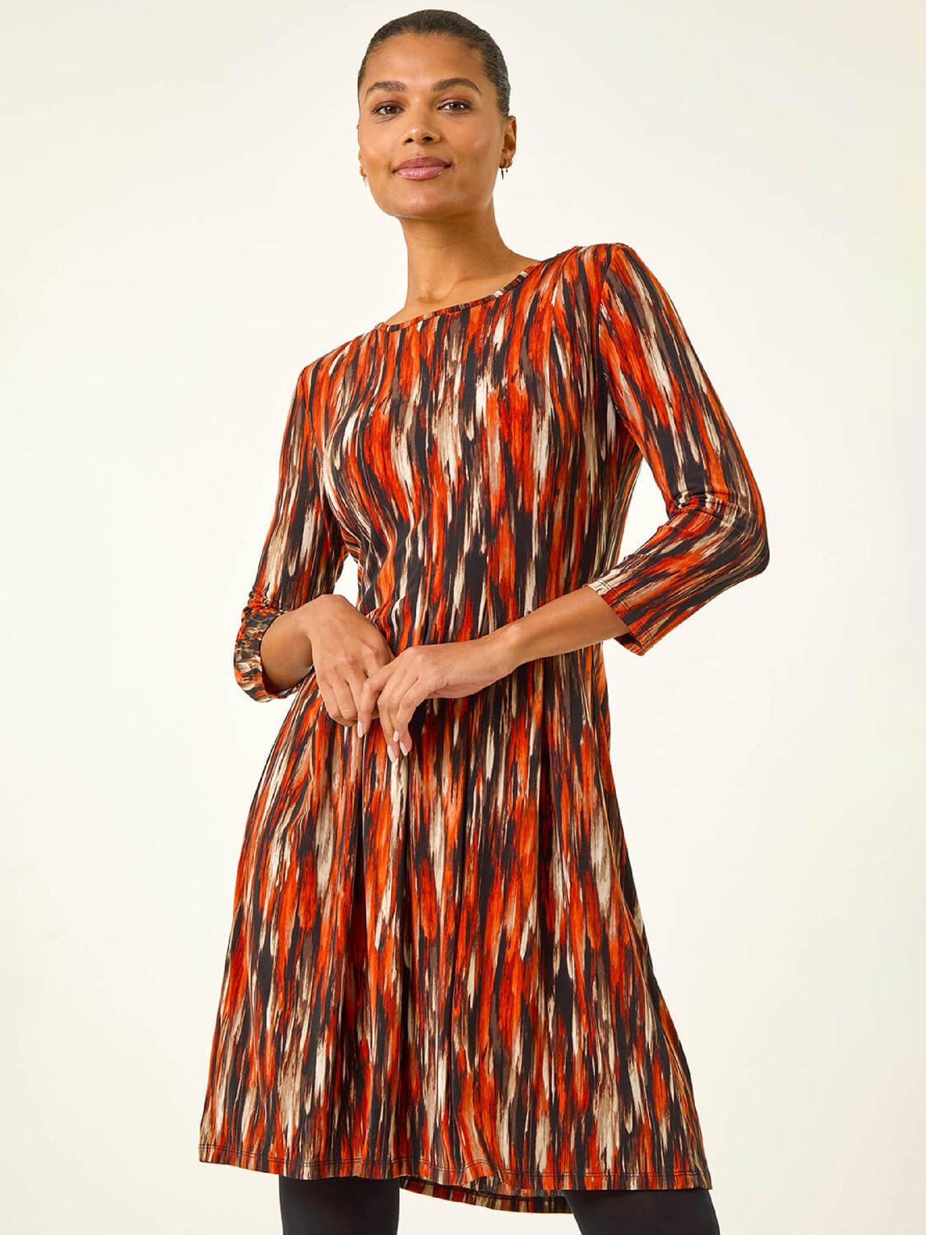 roman-abstract-print-panel-stretch-dress-orange