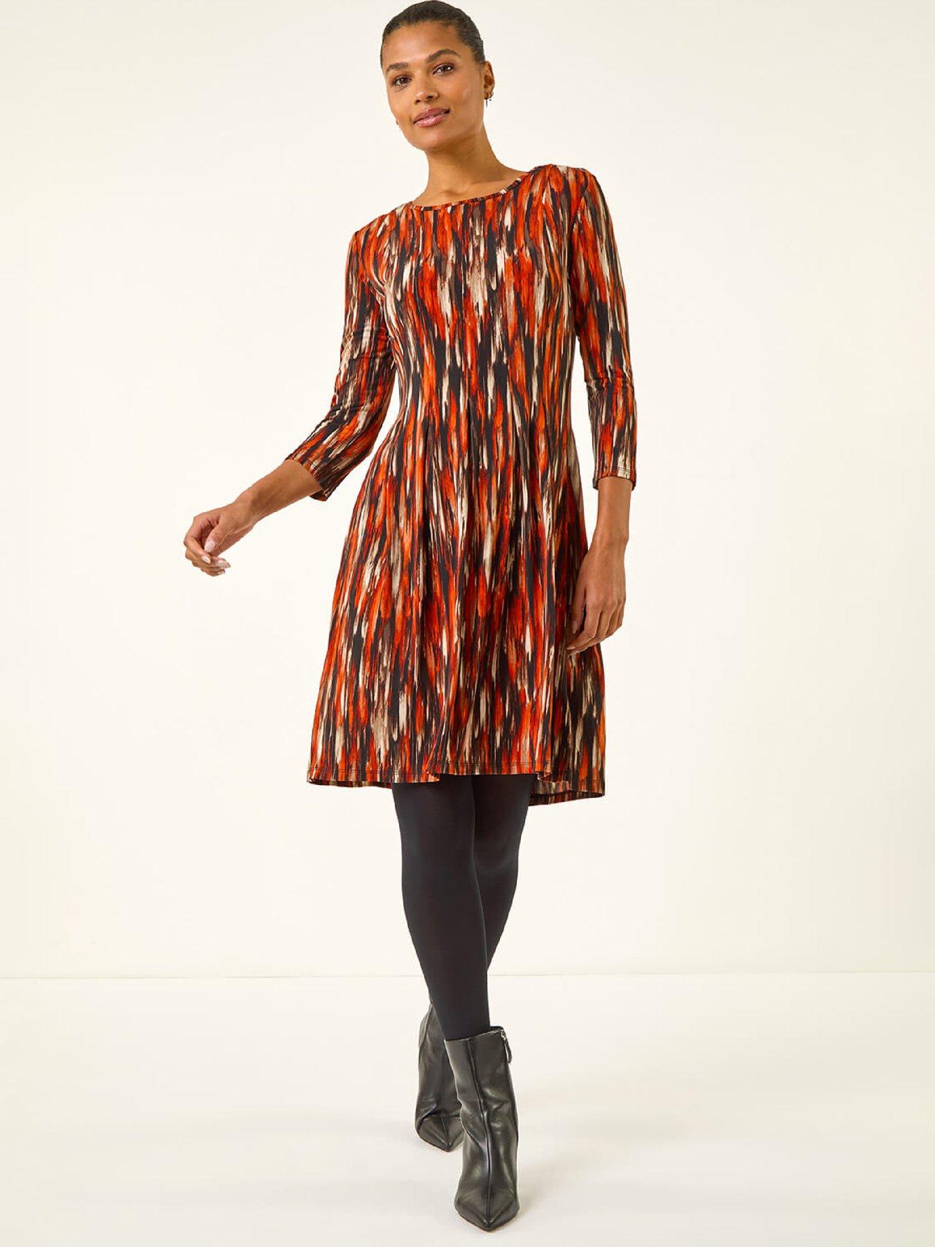 roman-abstract-print-panel-stretch-dress-orangeback