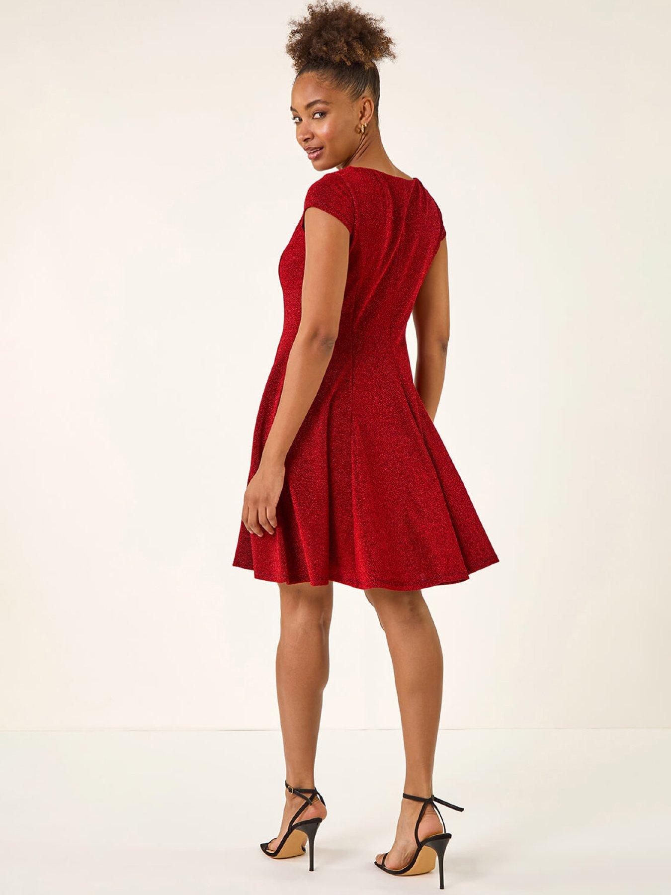 roman-metallic-stretch-flare-dress-redstillFront
