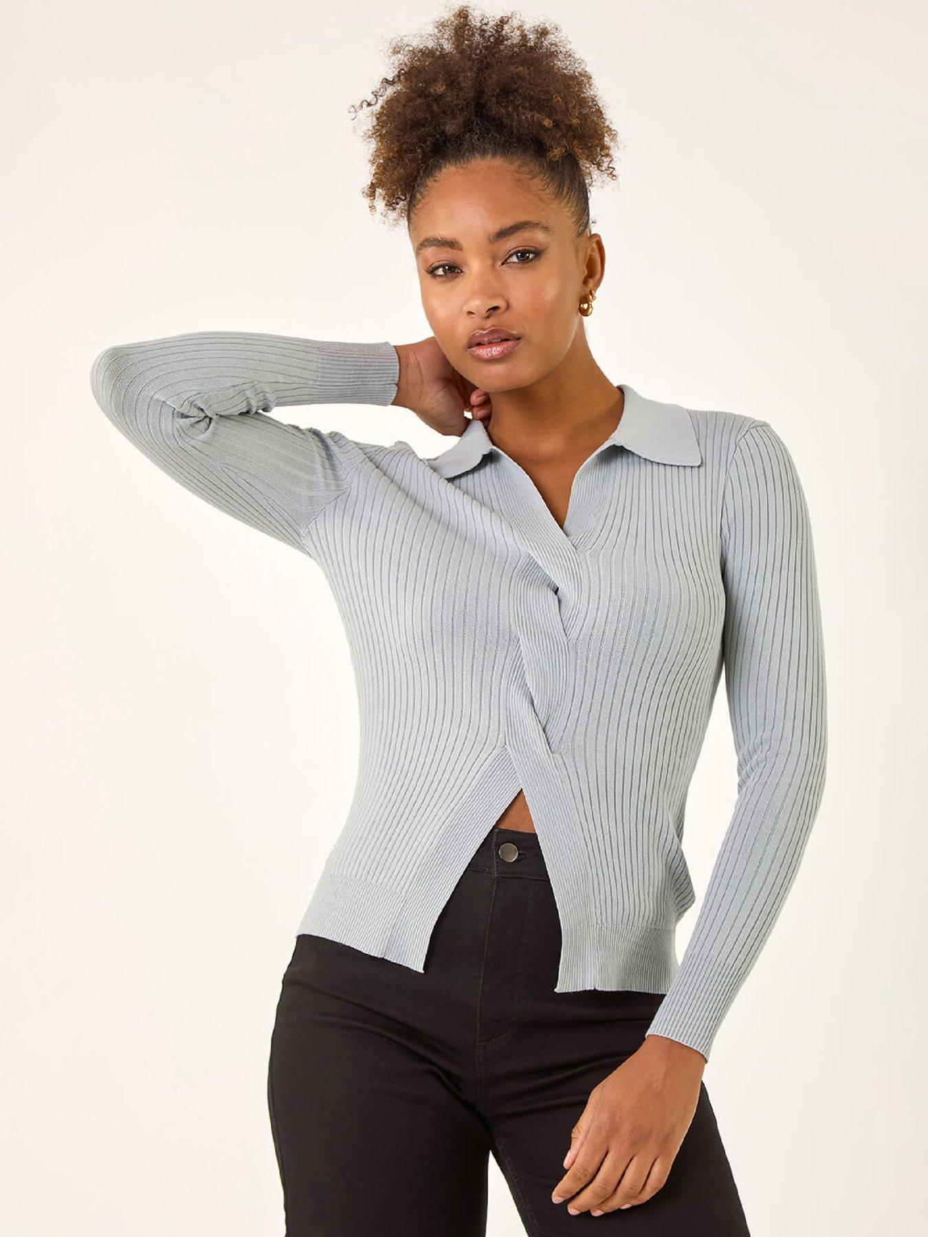 Image 1 of 5 of Roman Collar Ribbed Cable Knit Jumper - Light Grey