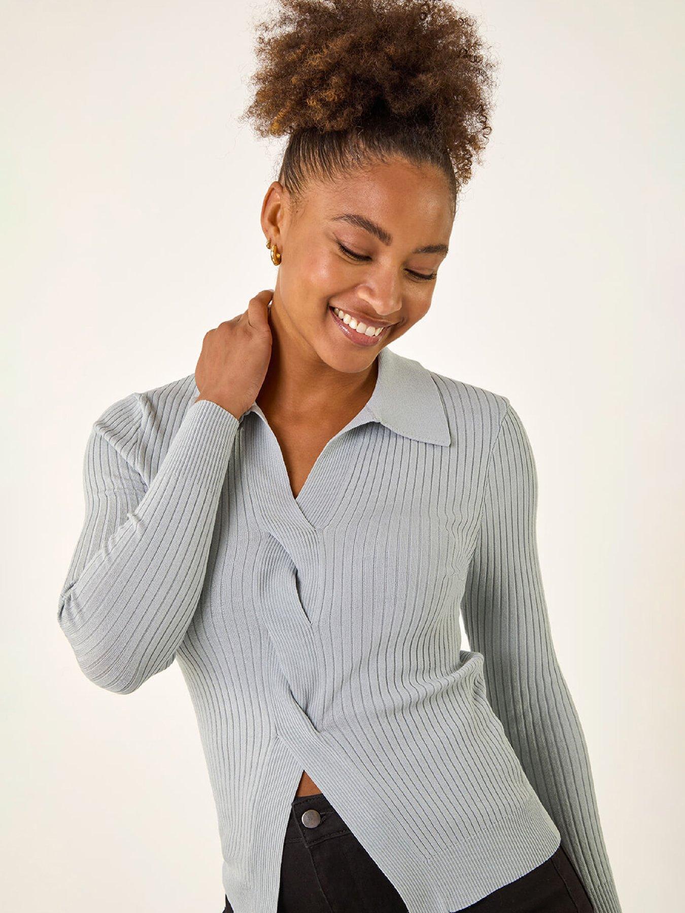 Image 5 of 5 of Roman Collar Ribbed Cable Knit Jumper - Light Grey