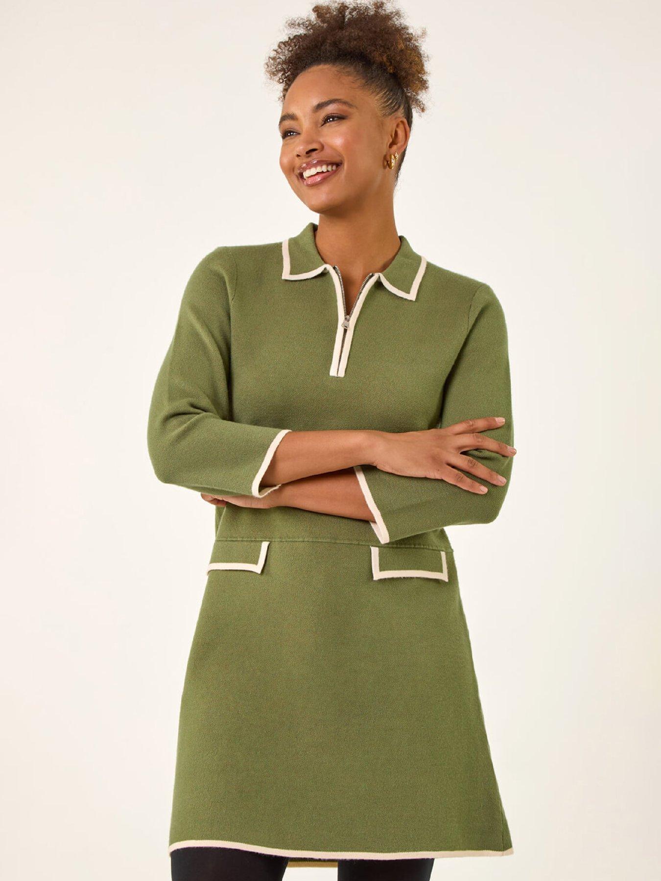 Roman Contrast Zip Collared Knit Dress - Khaki