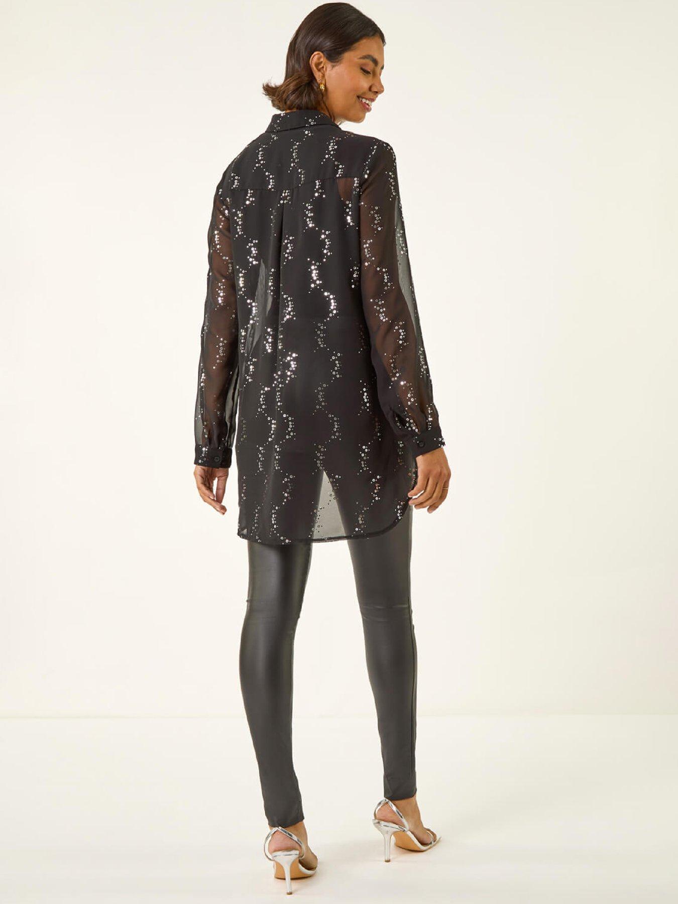 Image 2 of 5 of Roman Spot Foil Print Longline Shirt - Black