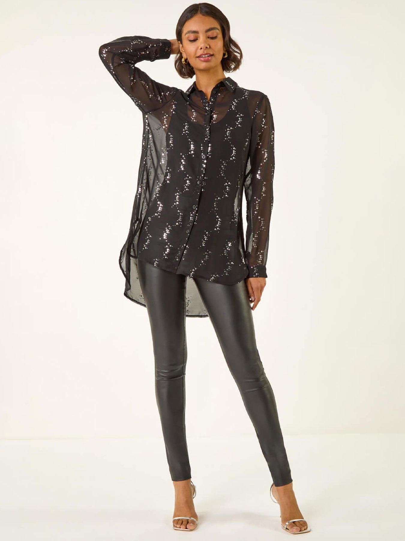 Image 3 of 5 of Roman Spot Foil Print Longline Shirt - Black