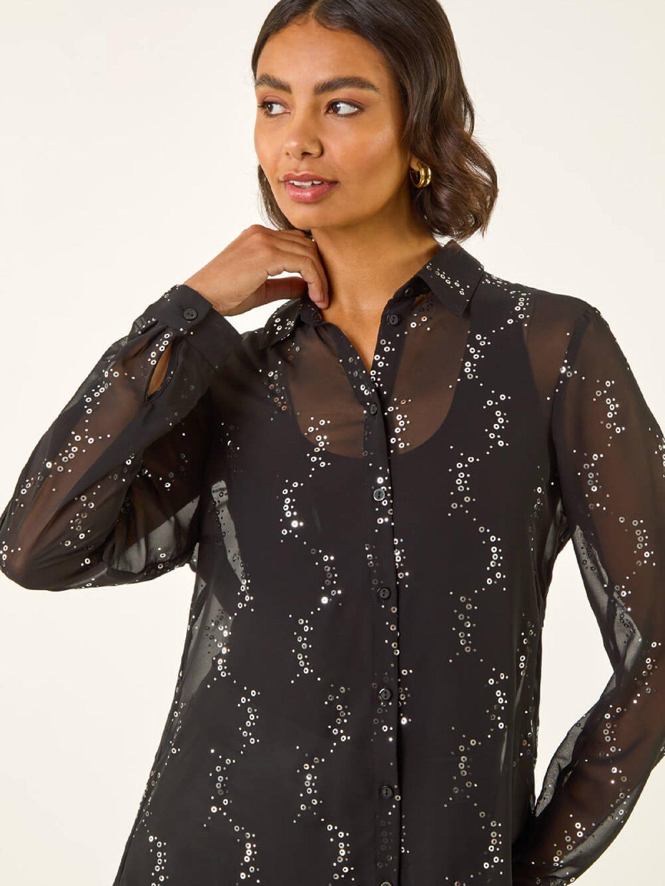 Image 5 of 5 of Roman Spot Foil Print Longline Shirt - Black