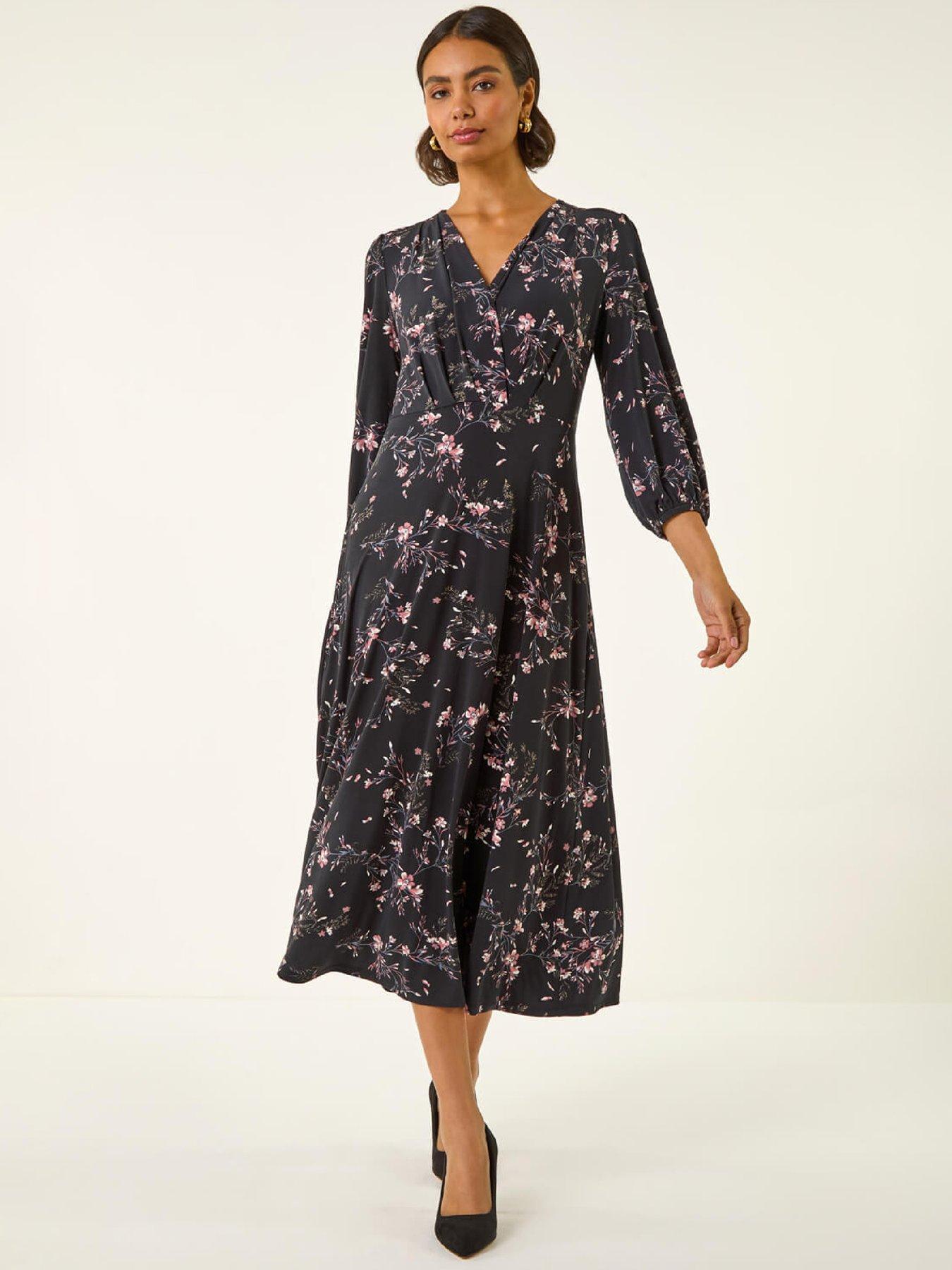 Image 1 of 5 of Roman Floral Print Stretch Midi Dress - Pink