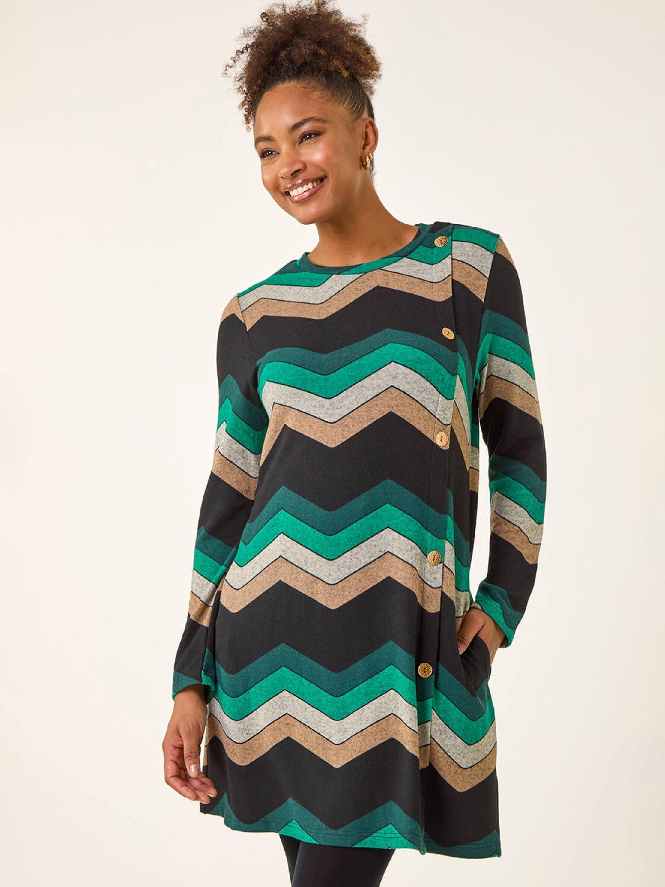 Roman Zig Zag Side Button Dress - Green