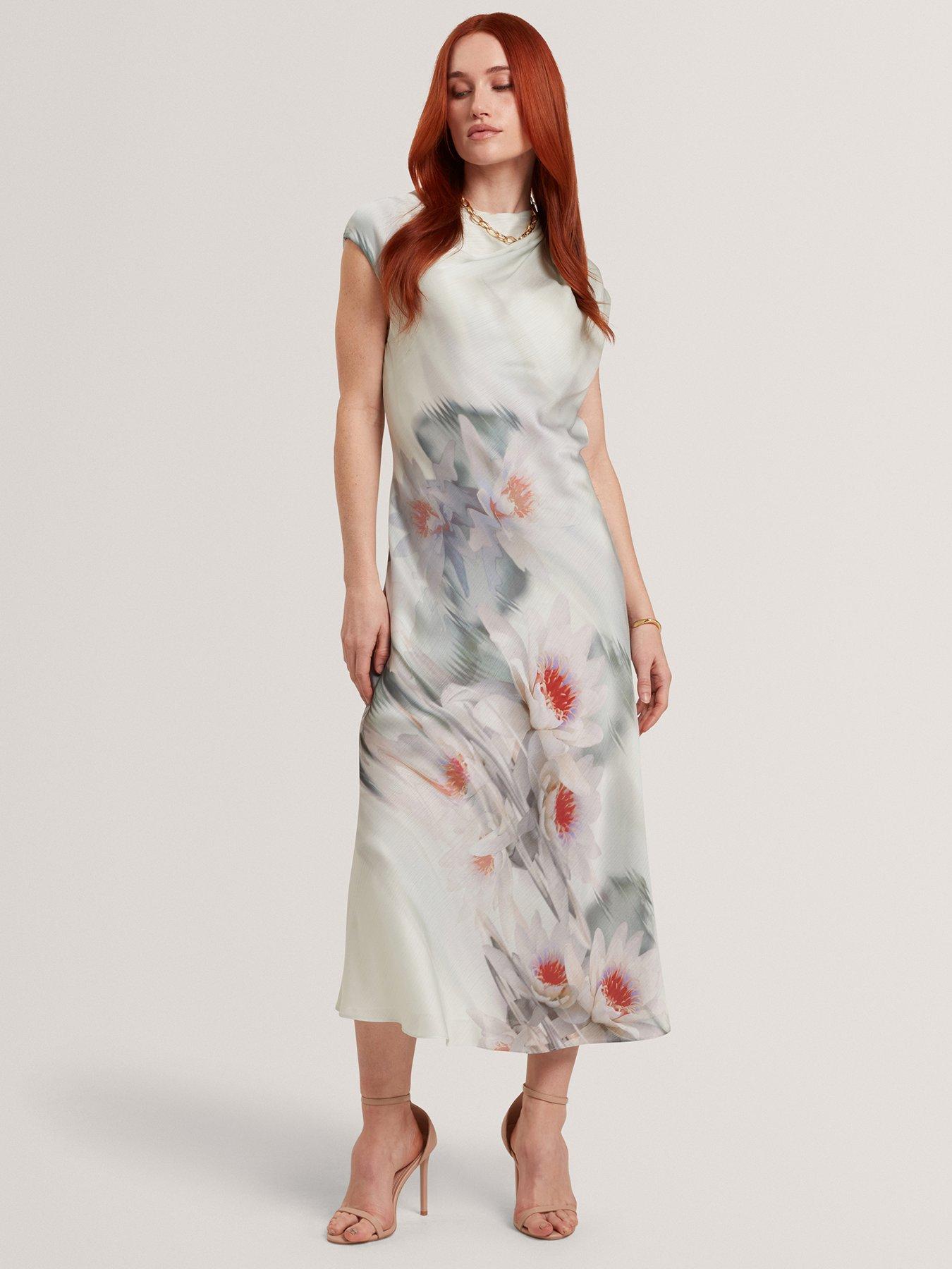 Image 1 of 6 of Ted Baker Draped Neck Printed Midi Dress - Green