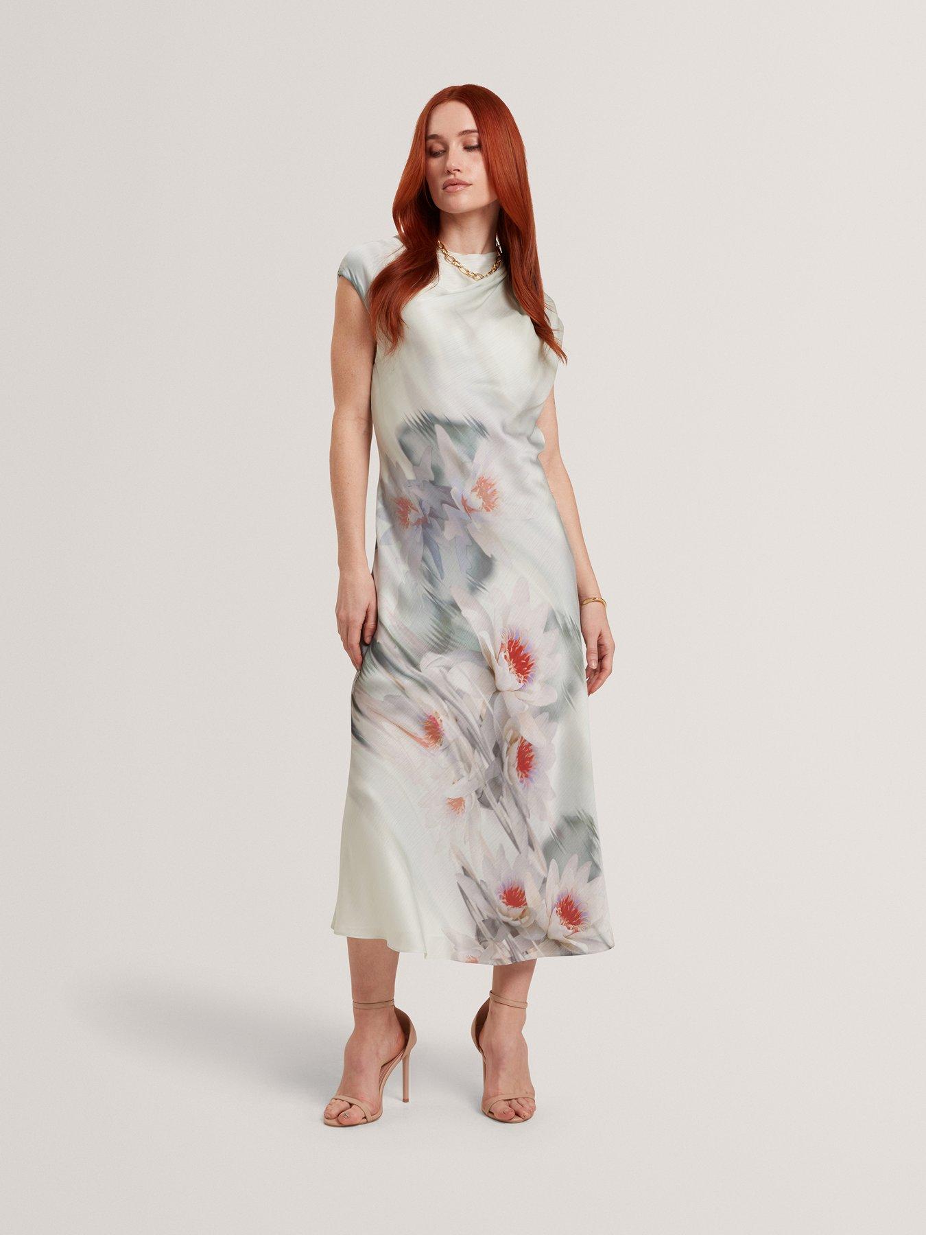 Image 2 of 6 of Ted Baker Draped Neck Printed Midi Dress - Green