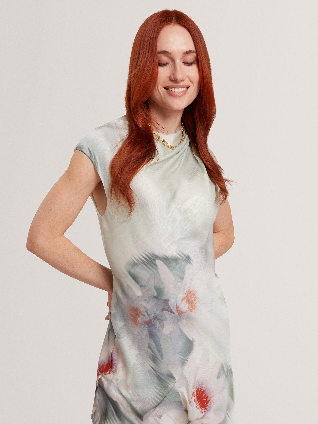 Image 3 of 6 of Ted Baker Draped Neck Printed Midi Dress - Green