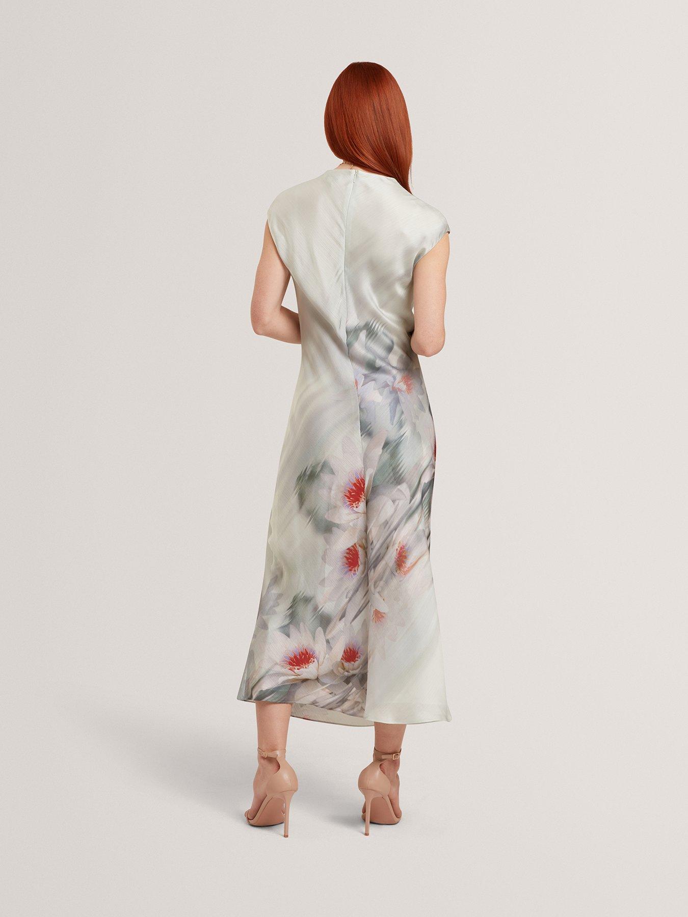 Image 5 of 6 of Ted Baker Draped Neck Printed Midi Dress - Green