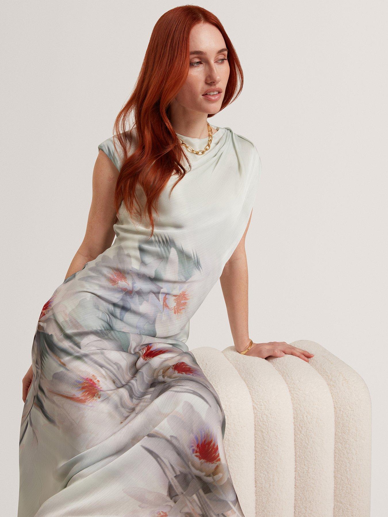 Image 6 of 6 of Ted Baker Draped Neck Printed Midi Dress - Green